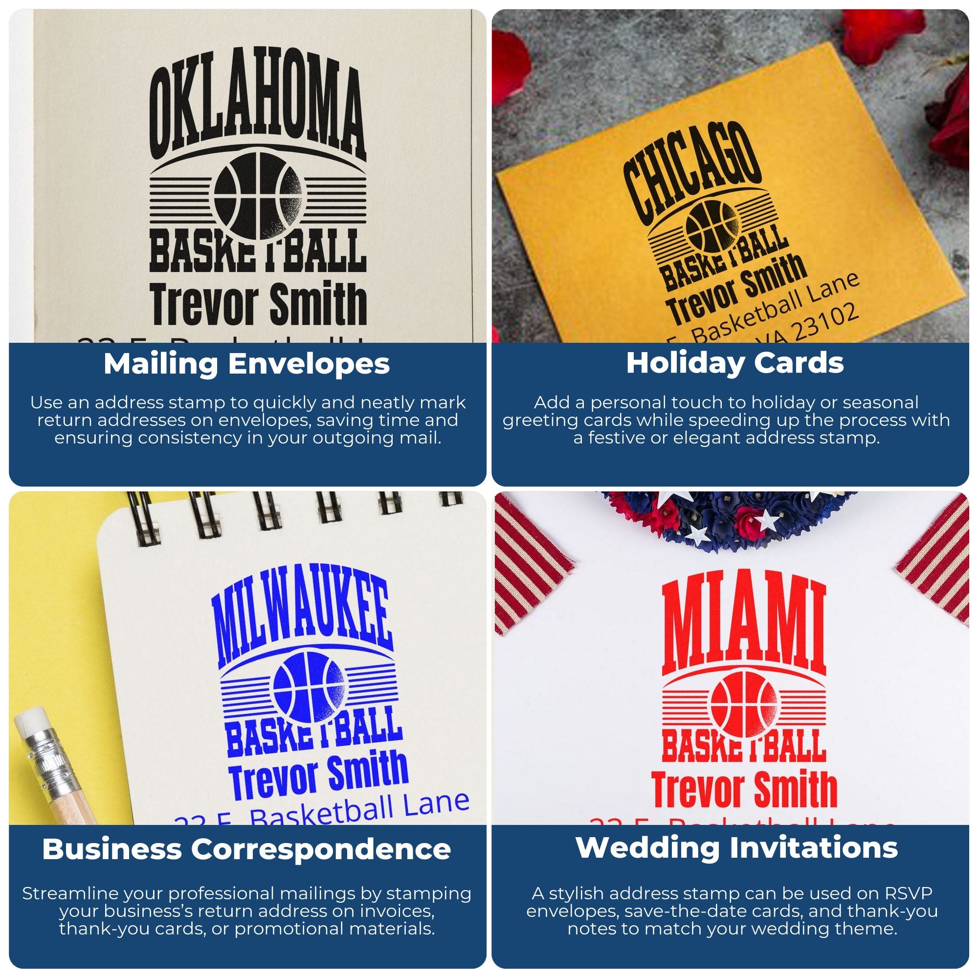 Custom basketball return address rubber stamps for mailing envelopes, holiday cards, business mail, and wedding invitations.