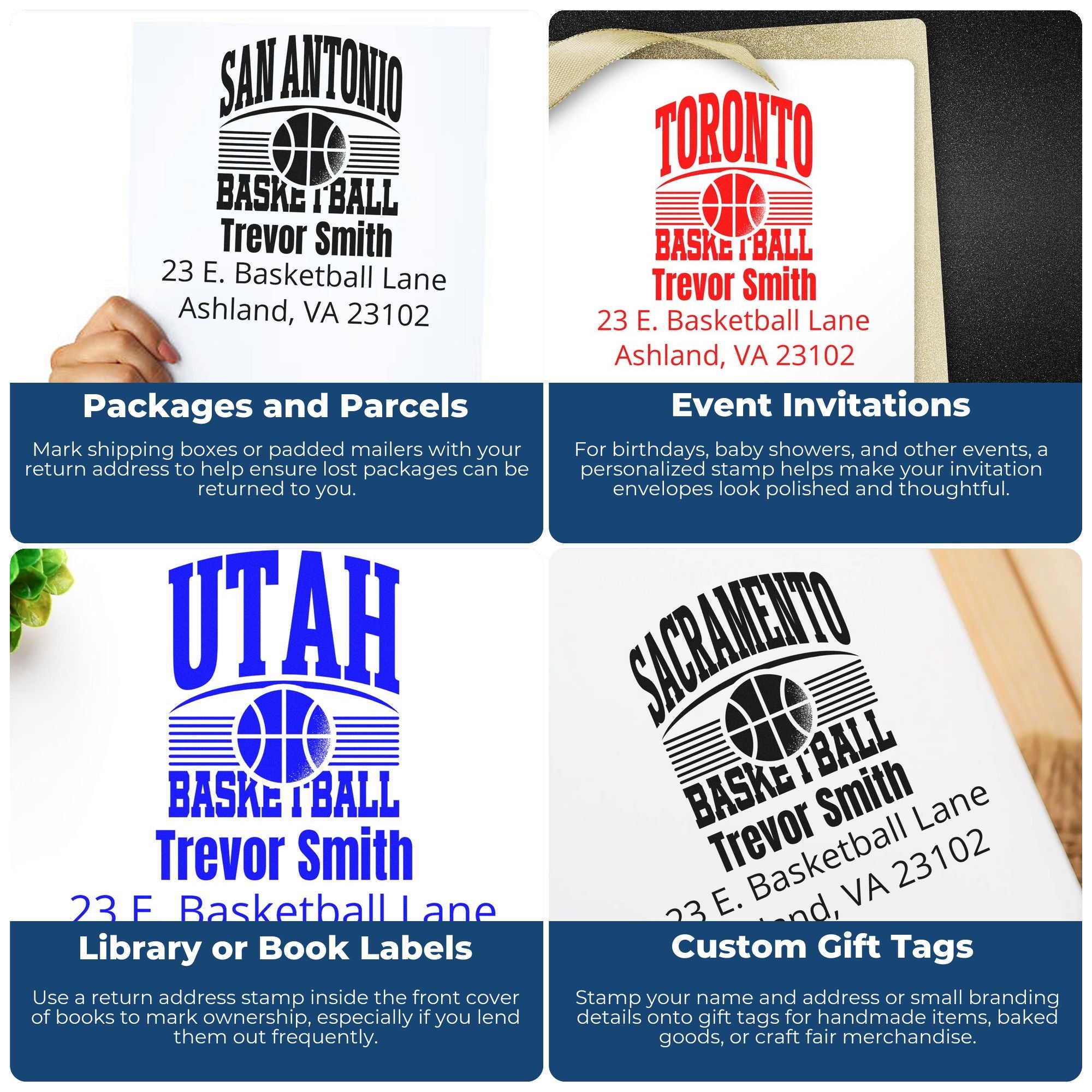 Custom basketball return address rubber stamp examples for packages, invitations, book labels, and gift tags.