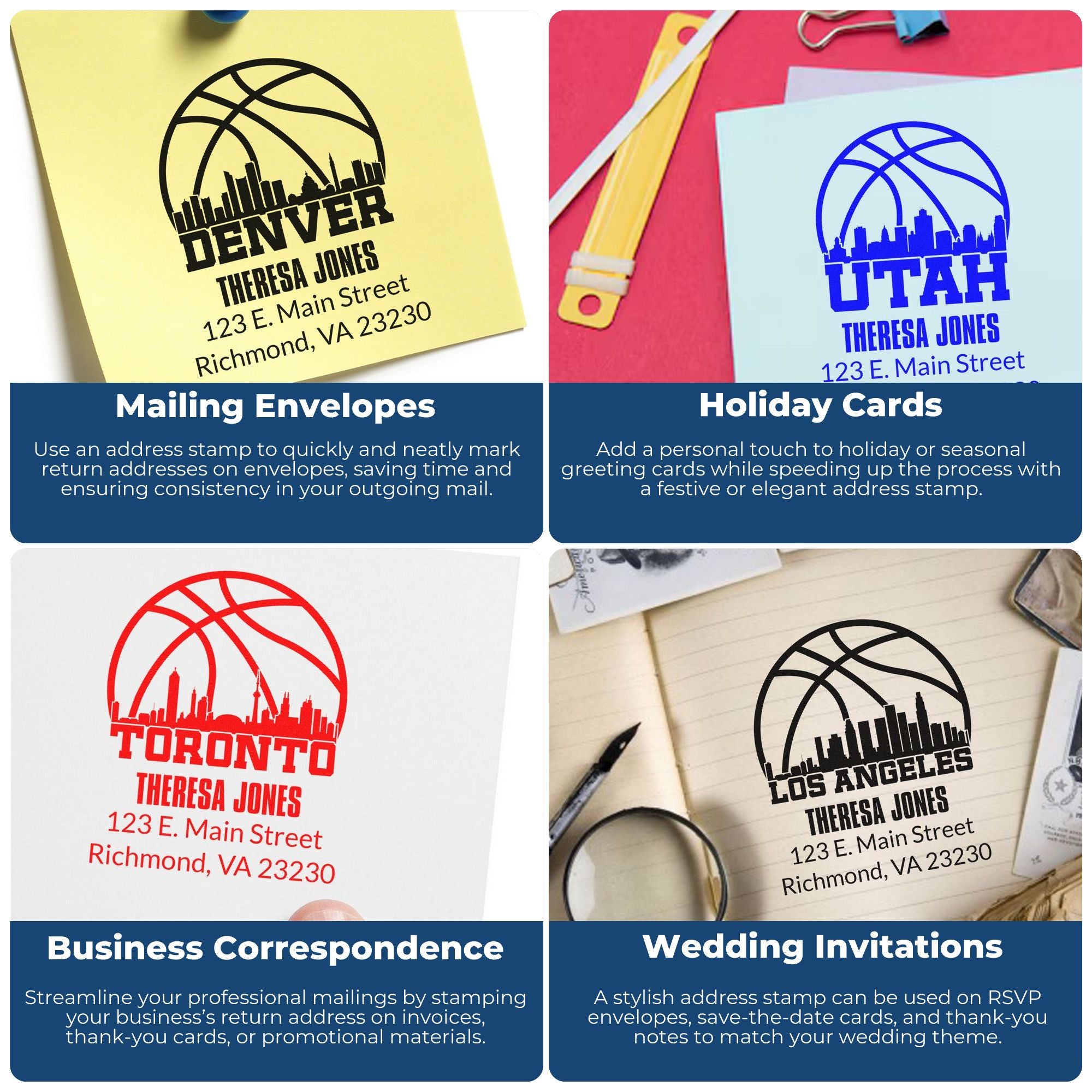 Custom rubber address stamps for envelopes, holiday cards, business mail and wedding invitations to save time and add a personal touch.