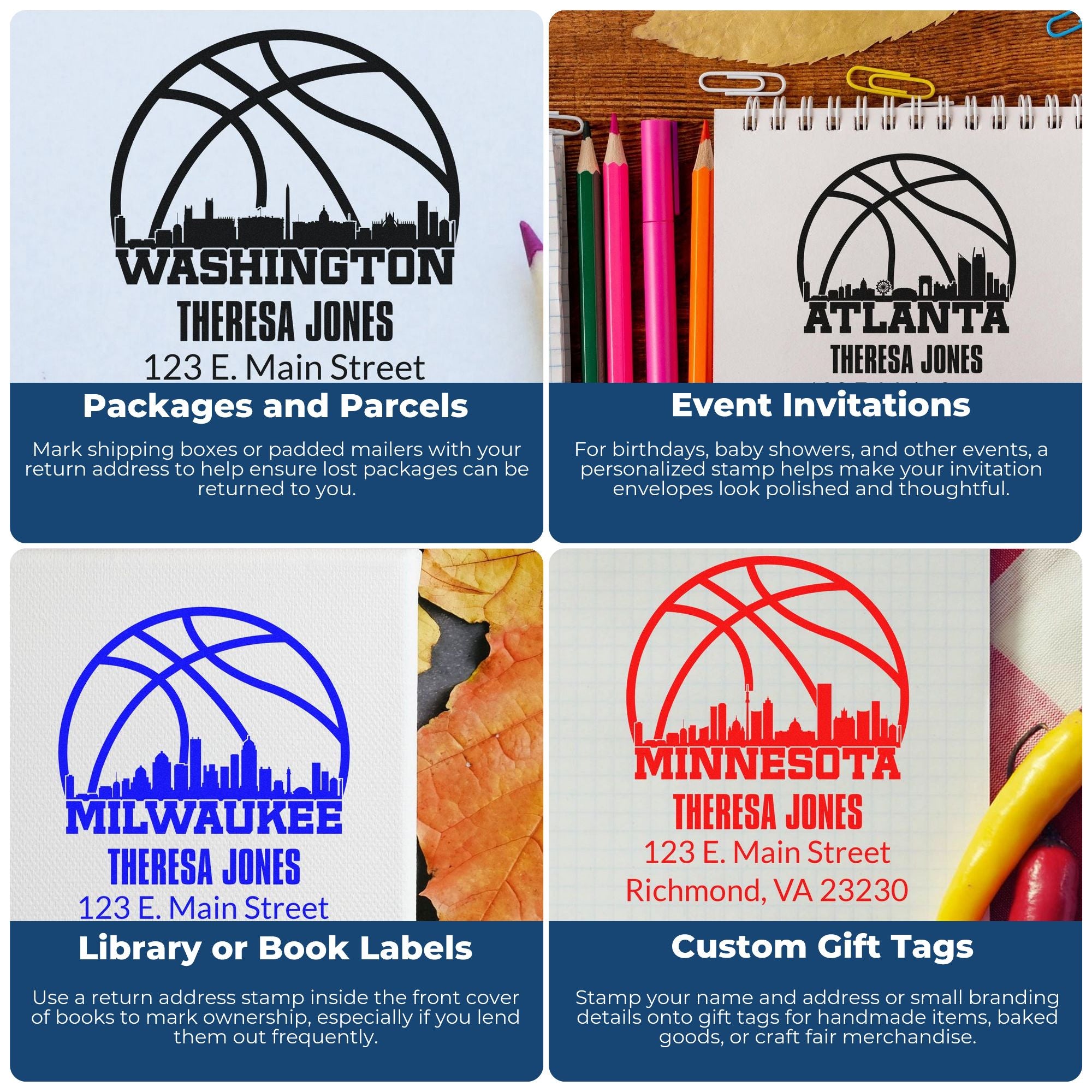 Custom rubber stamp examples for return addresses, event invitations, library labels, and gift tags with city skyline designs.