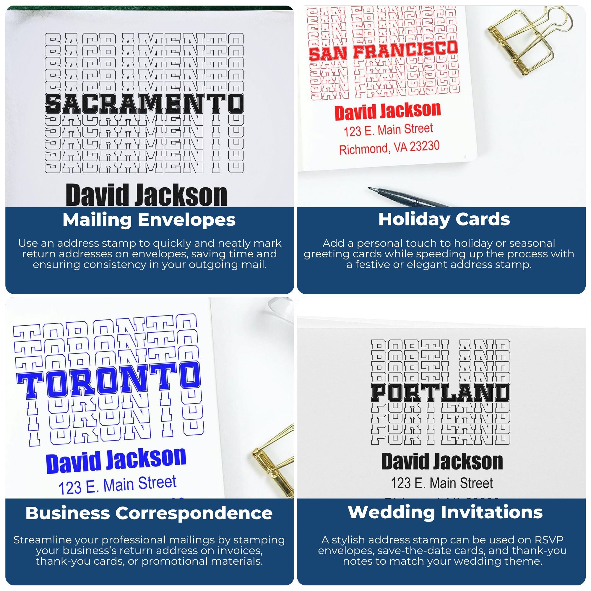 Custom address rubber stamp examples for mailing envelopes, holiday cards, business correspondence, and wedding invitations.