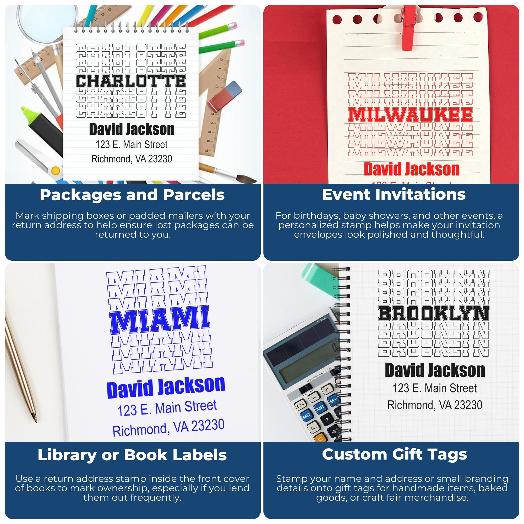 Custom rubber stamp examples for packages, invitations, book labels, and gift tags with name and address imprints.