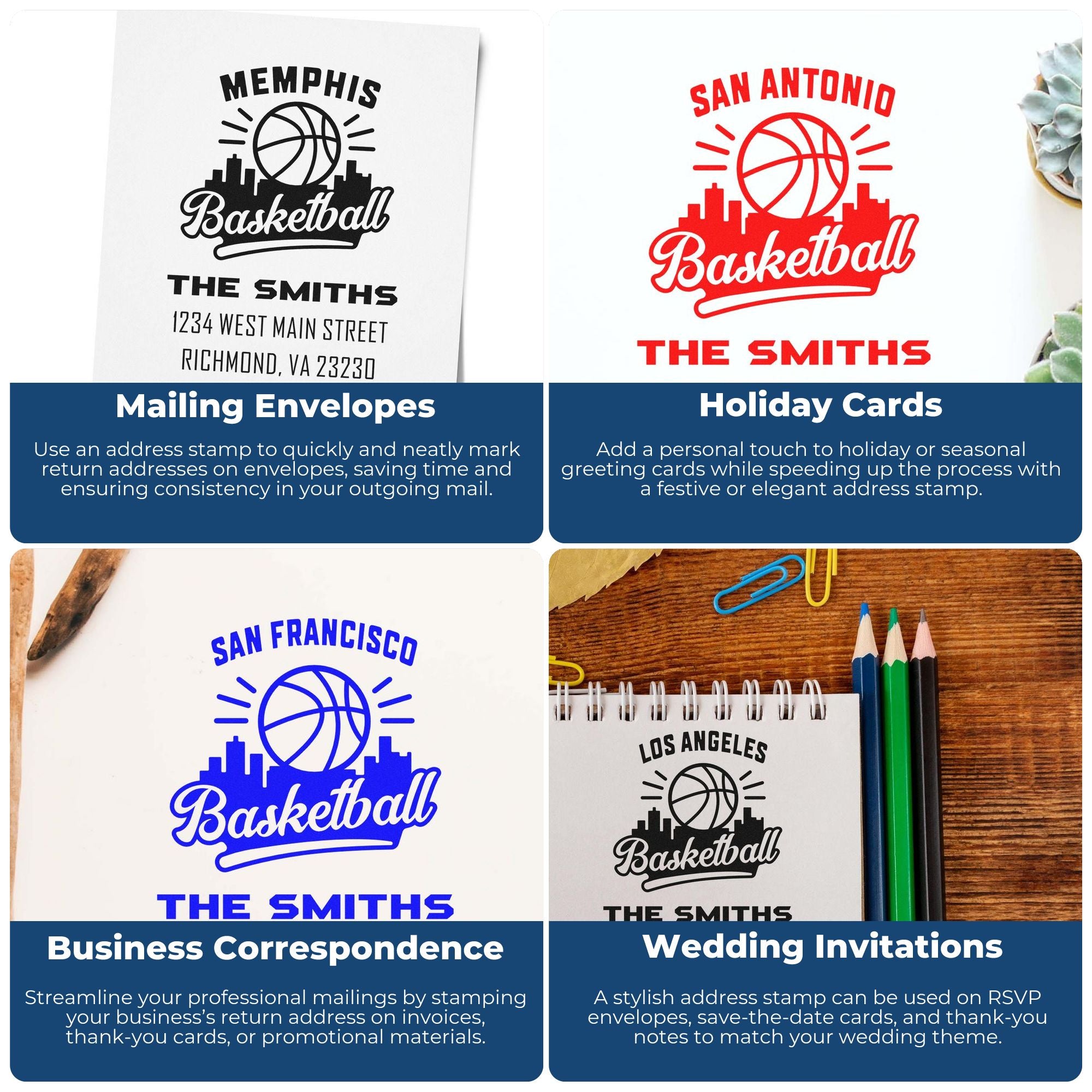Custom basketball return address rubber stamp examples for envelopes, holiday cards, business mail, and wedding invitations.