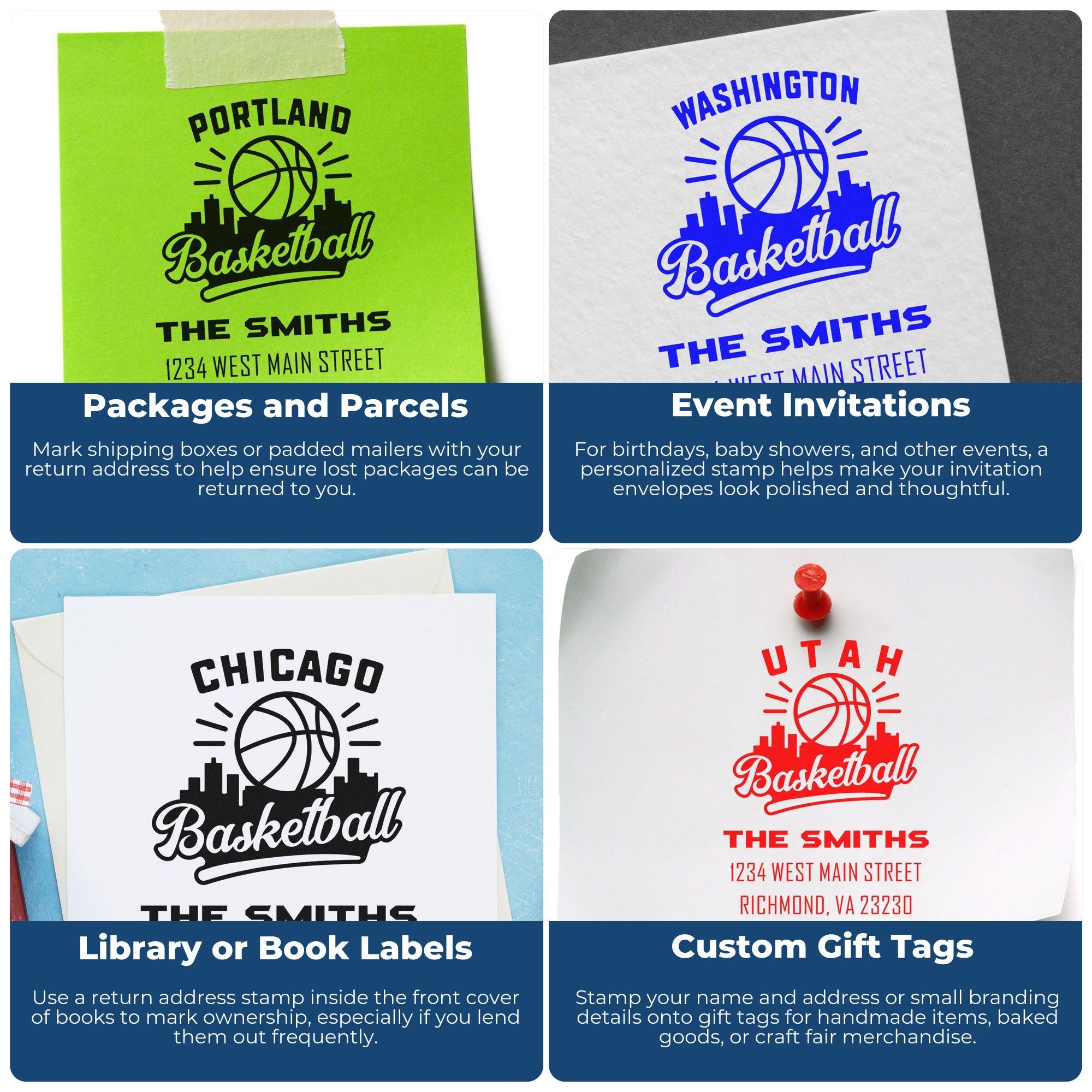 Custom basketball rubber stamps for packages, invitations, book labels, and gift tags with personalized name and address designs.