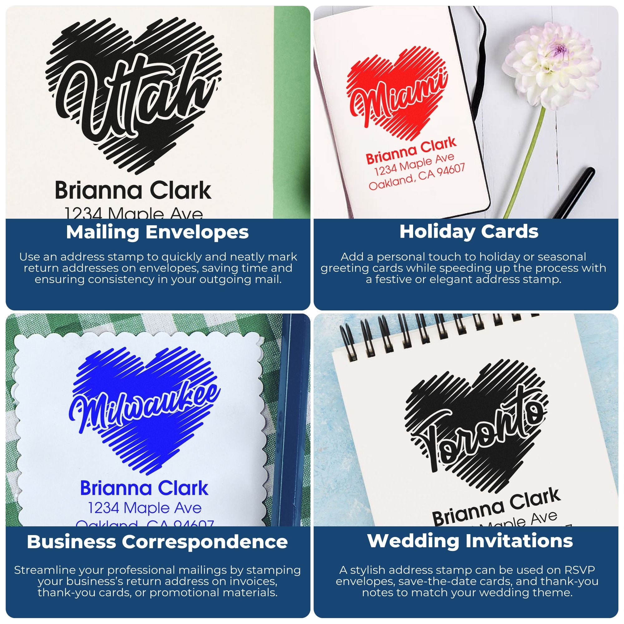 Personalized address rubber stamp examples for mailing envelopes, holiday cards, business correspondence, and wedding invitations.