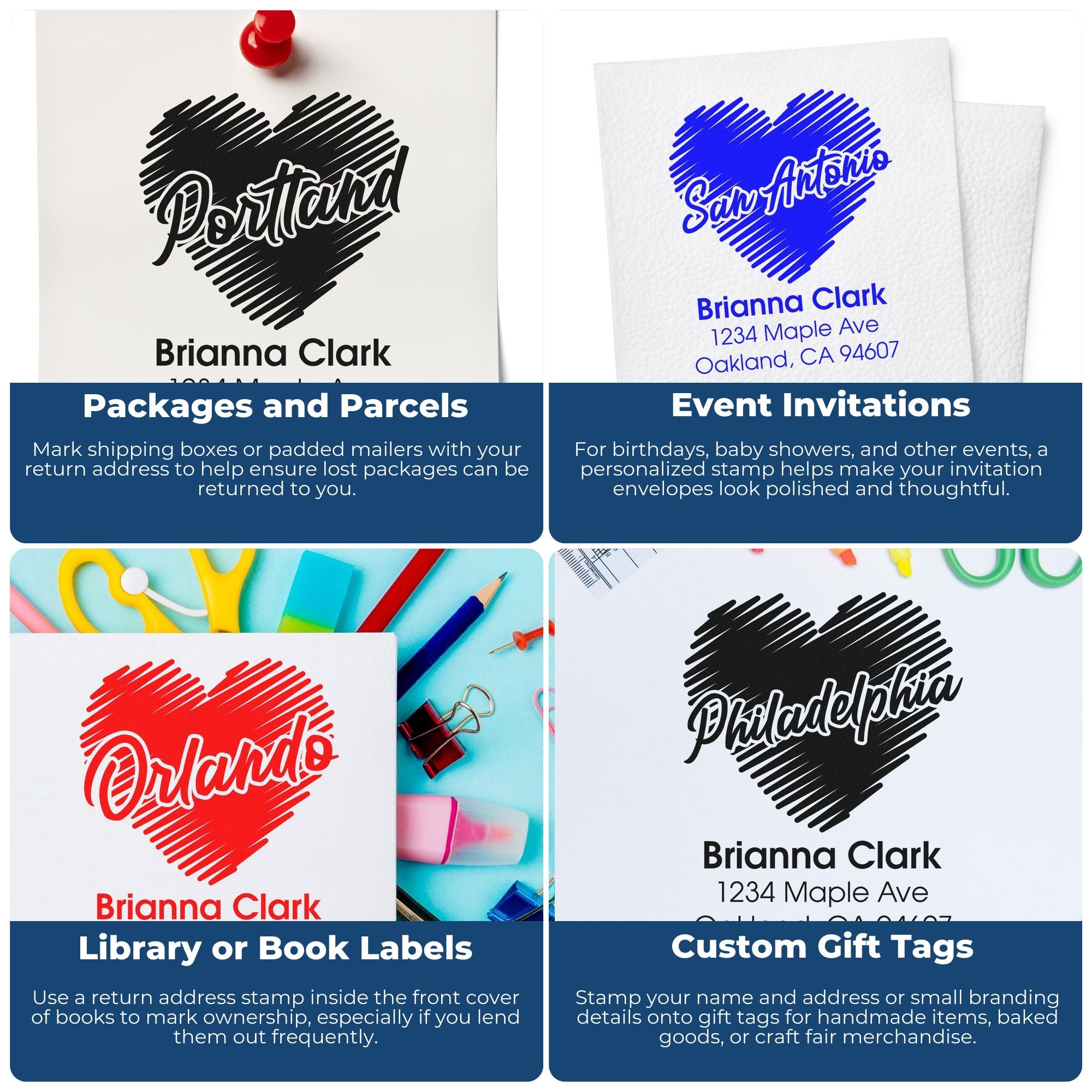 Personalized rubber stamp design examples for return address labels, invitations, book labels, and custom gift tags.