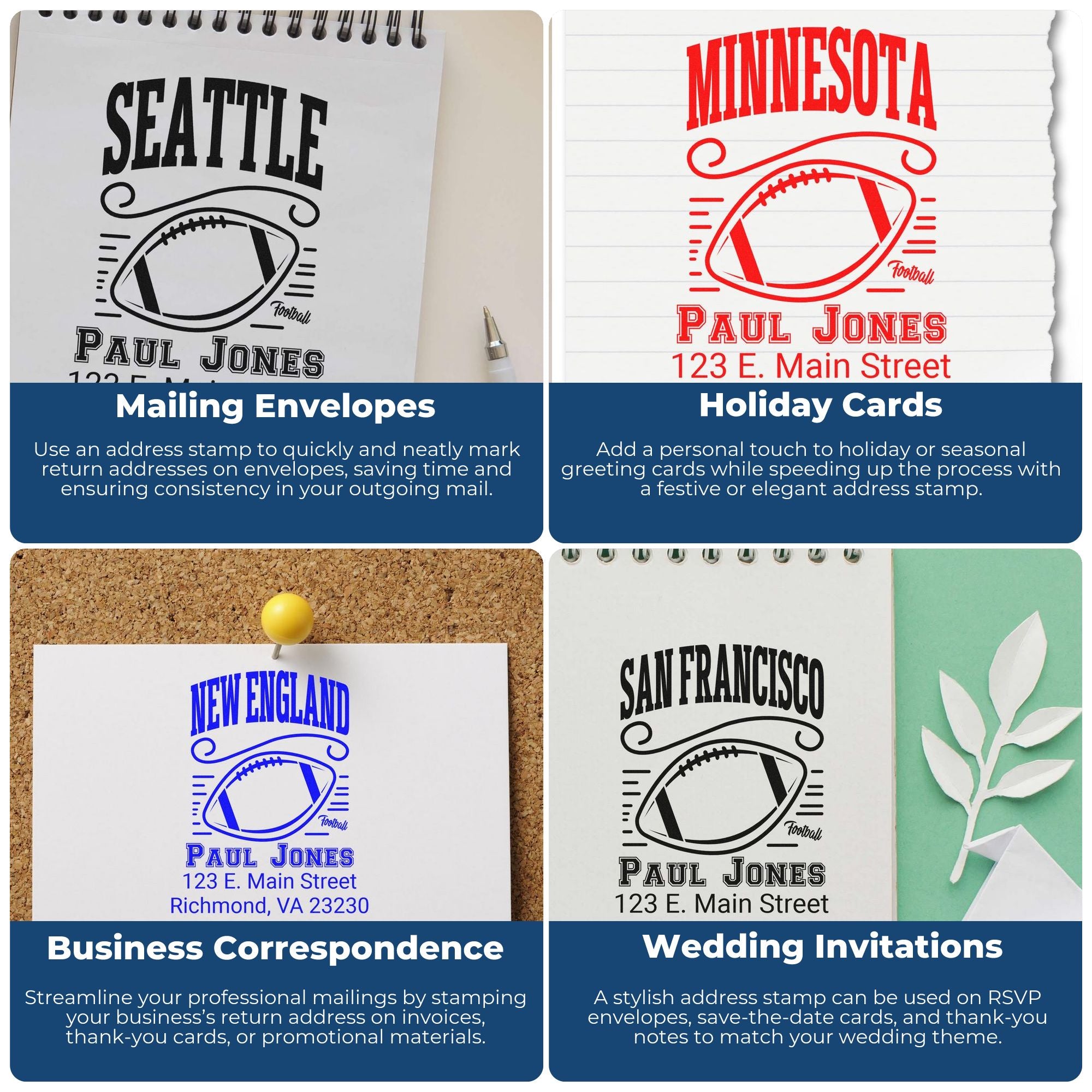 Custom address rubber stamps for envelopes, holiday cards, business mail, and wedding invitations with football-themed designs.