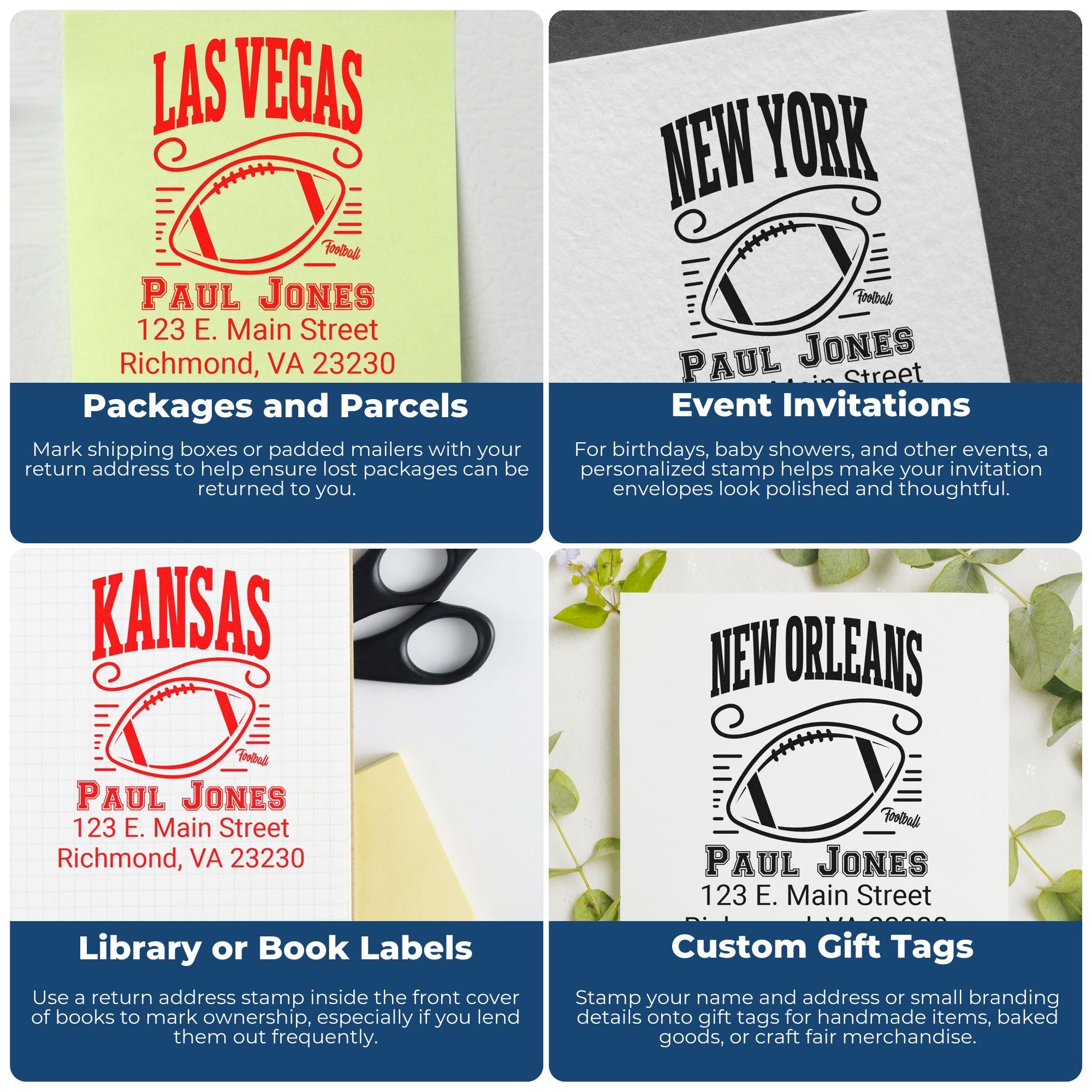 Custom rubber stamp uses for packages, invitations, book labels, and gift tags with personalized name and address designs.