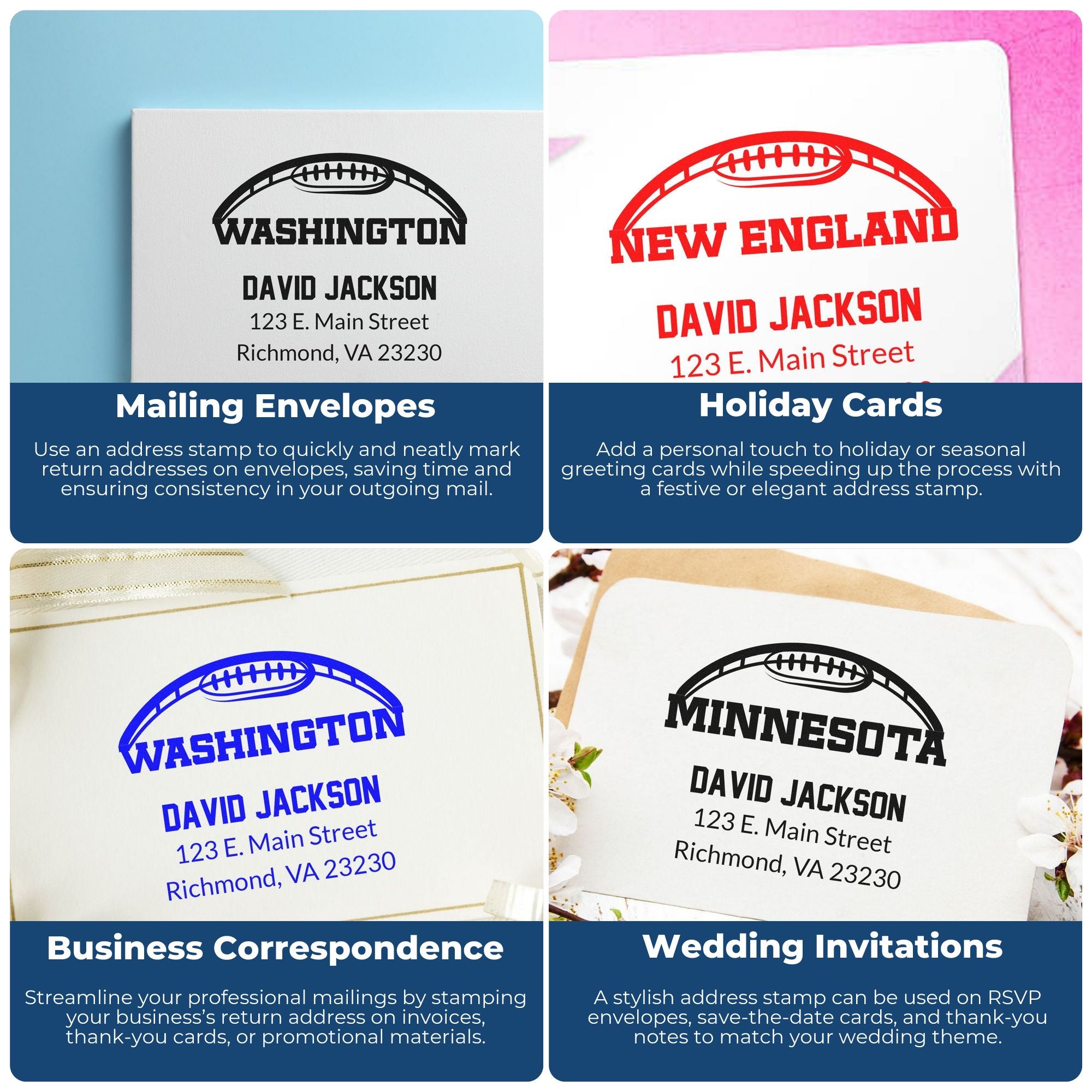 Custom address rubber stamp for mailing envelopes, quickly adding a return address for neat, consistent outgoing mail.