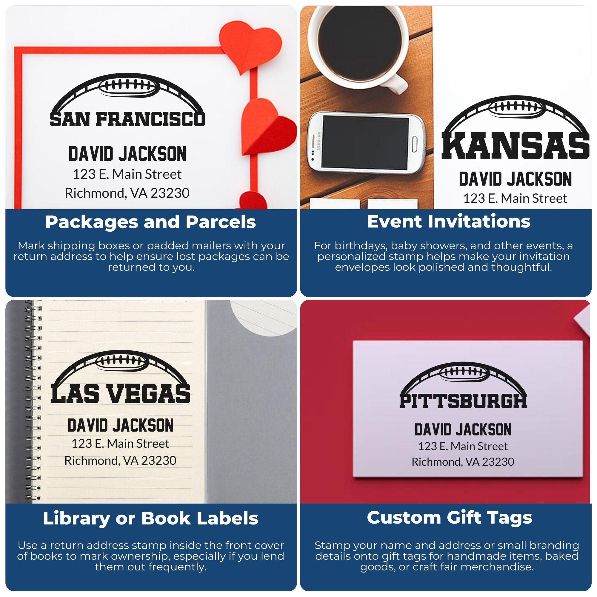 Custom address rubber stamp design examples for return addresses, invitations, book labels, and personalized gift tags.