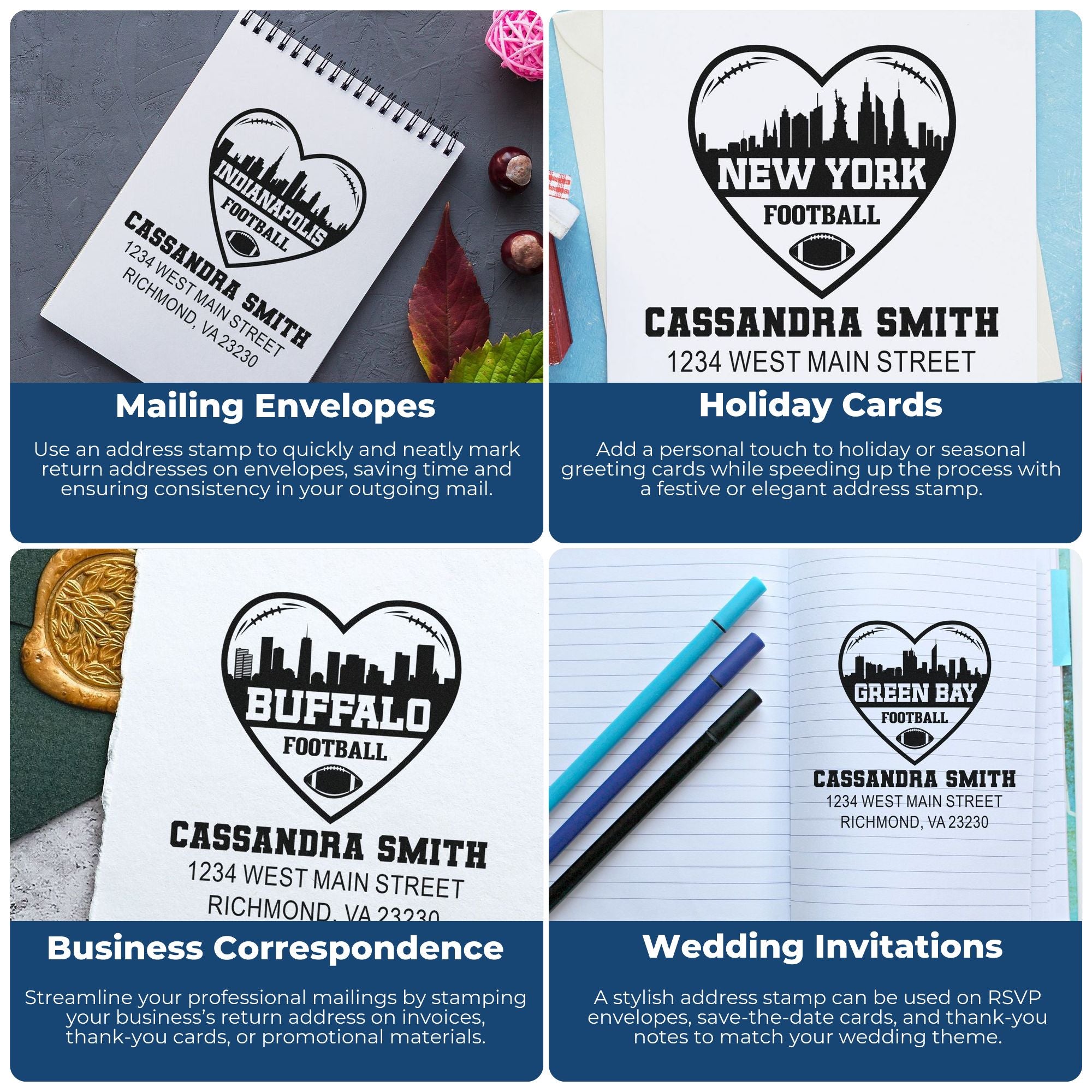 Collage of personalized football-themed return address rubber stamps for envelopes, holiday cards, business mail, and wedding invitations.