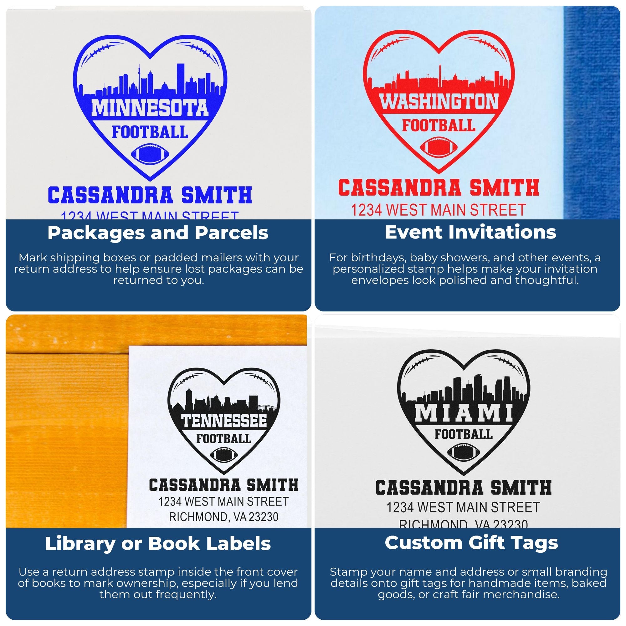 Custom rubber stamp examples for packages, invitations, book labels and gift tags, featuring heart football designs and personalized names.