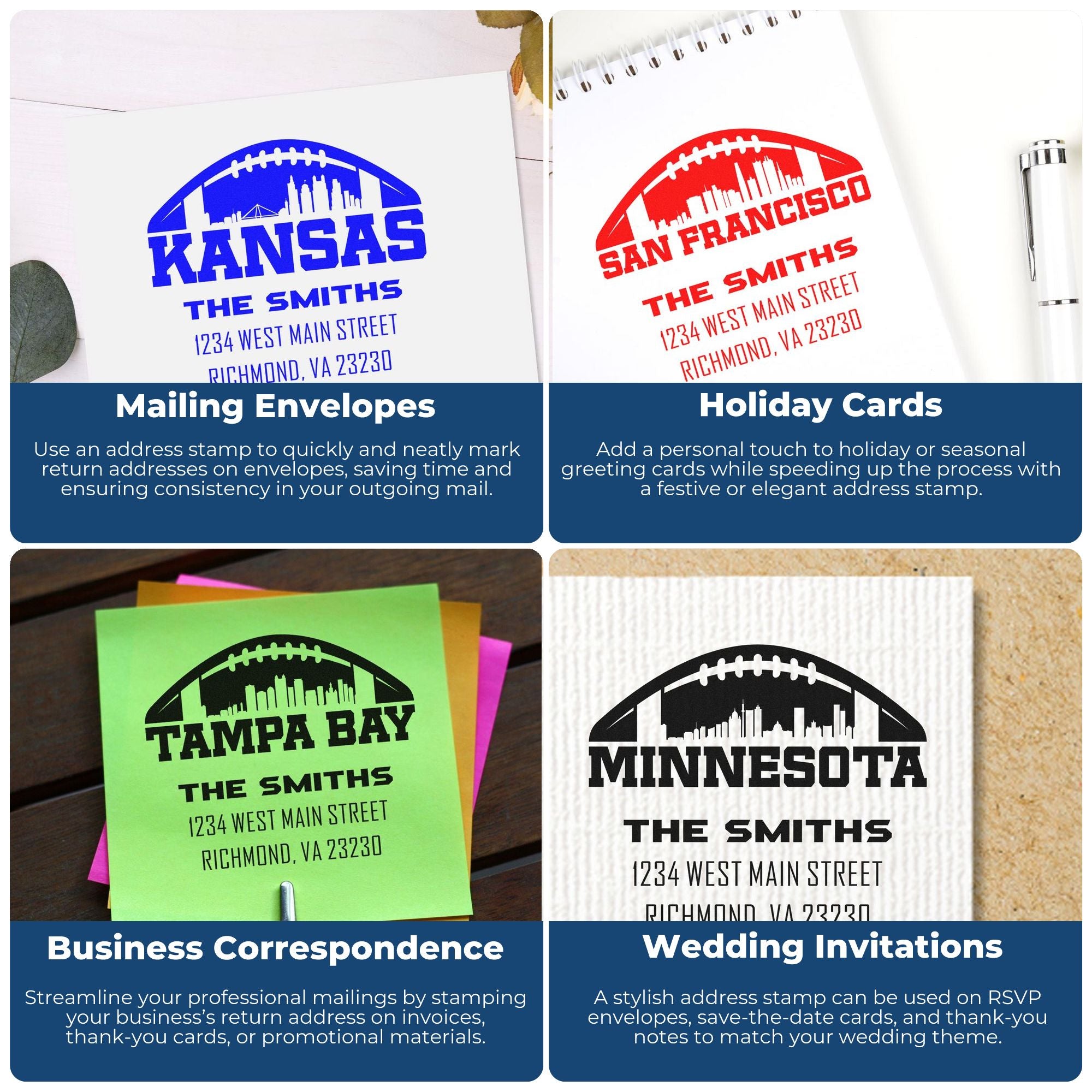 Personalized rubber return address stamps for mailing envelopes, holiday cards, business mail, and wedding invitations