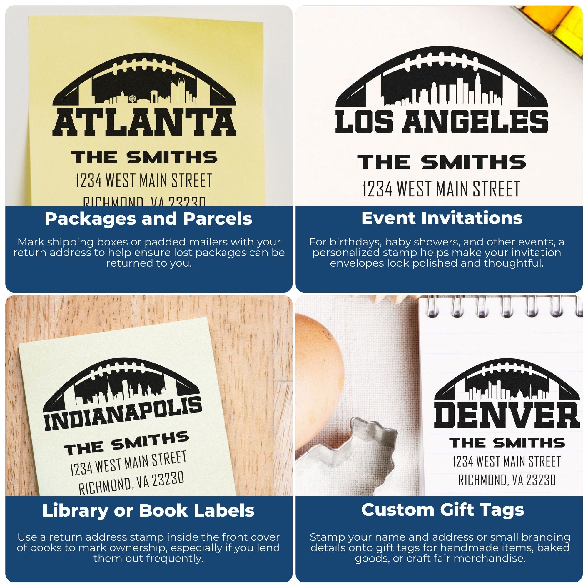 Custom rubber stamps used for packages, invitations, book labels, and gift tags with personalized address and branding.