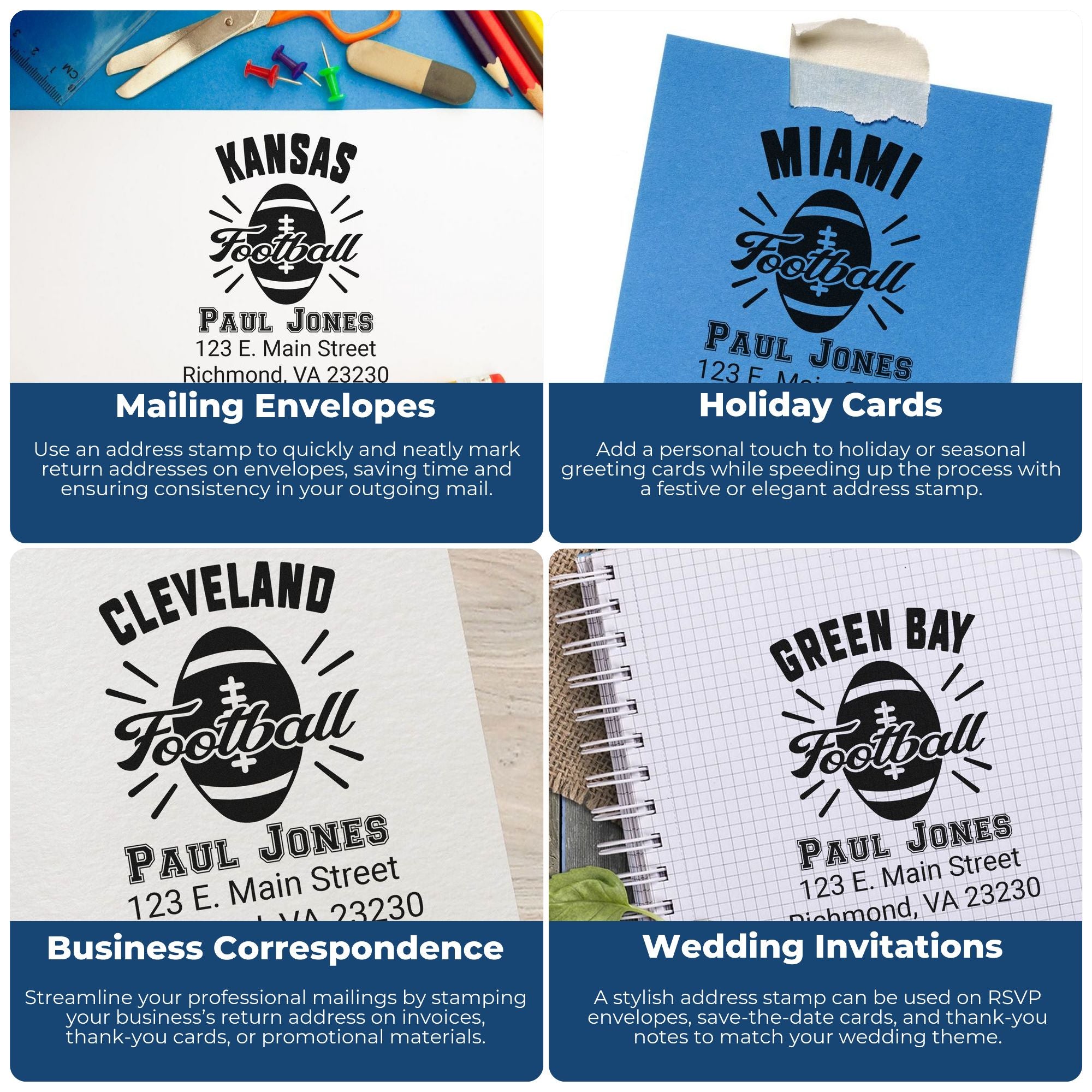 Personalized football address rubber stamp examples for mailing envelopes, holiday cards, business mail, and wedding invitations.