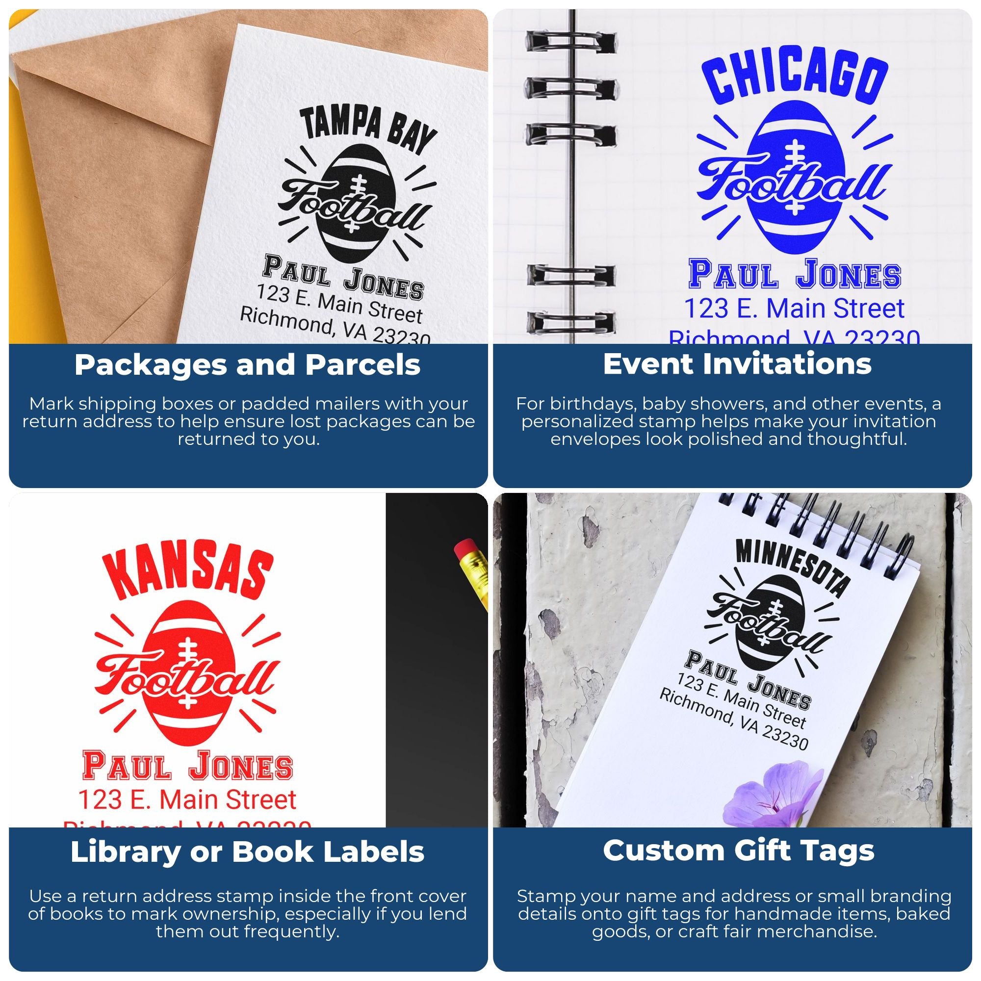 Custom football rubber stamps for packages, invitations, book labels, and gift tags with personalized name and address designs.