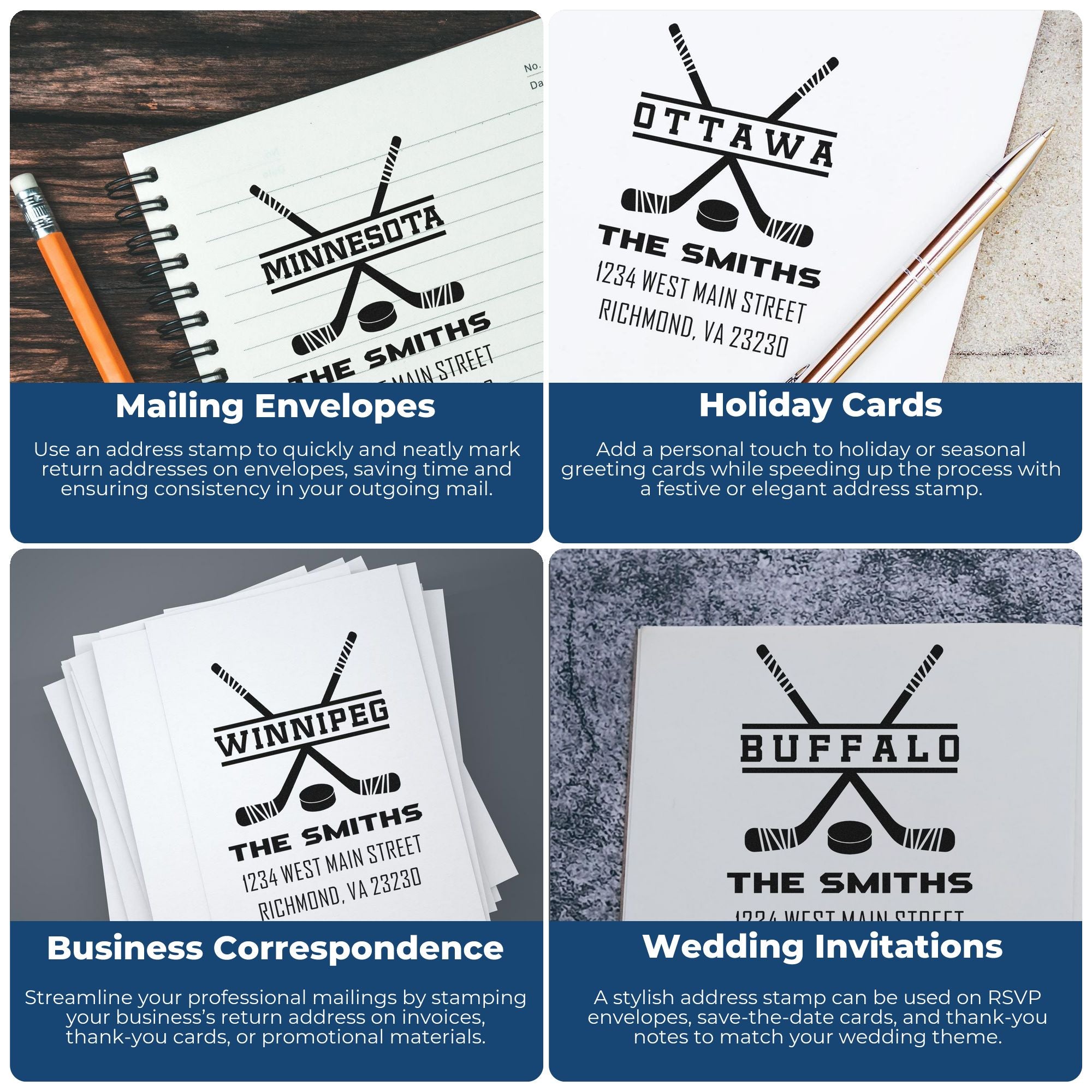 Custom hockey address rubber stamp for mailing envelopes, neatly marking return addresses for fast, consistent mail.