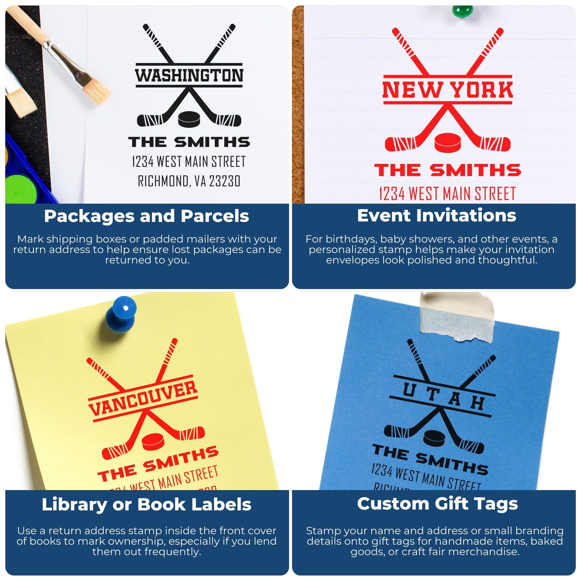 Custom hockey rubber stamp examples for personalized address labels, packages, invitations, book labels, and gift tags.