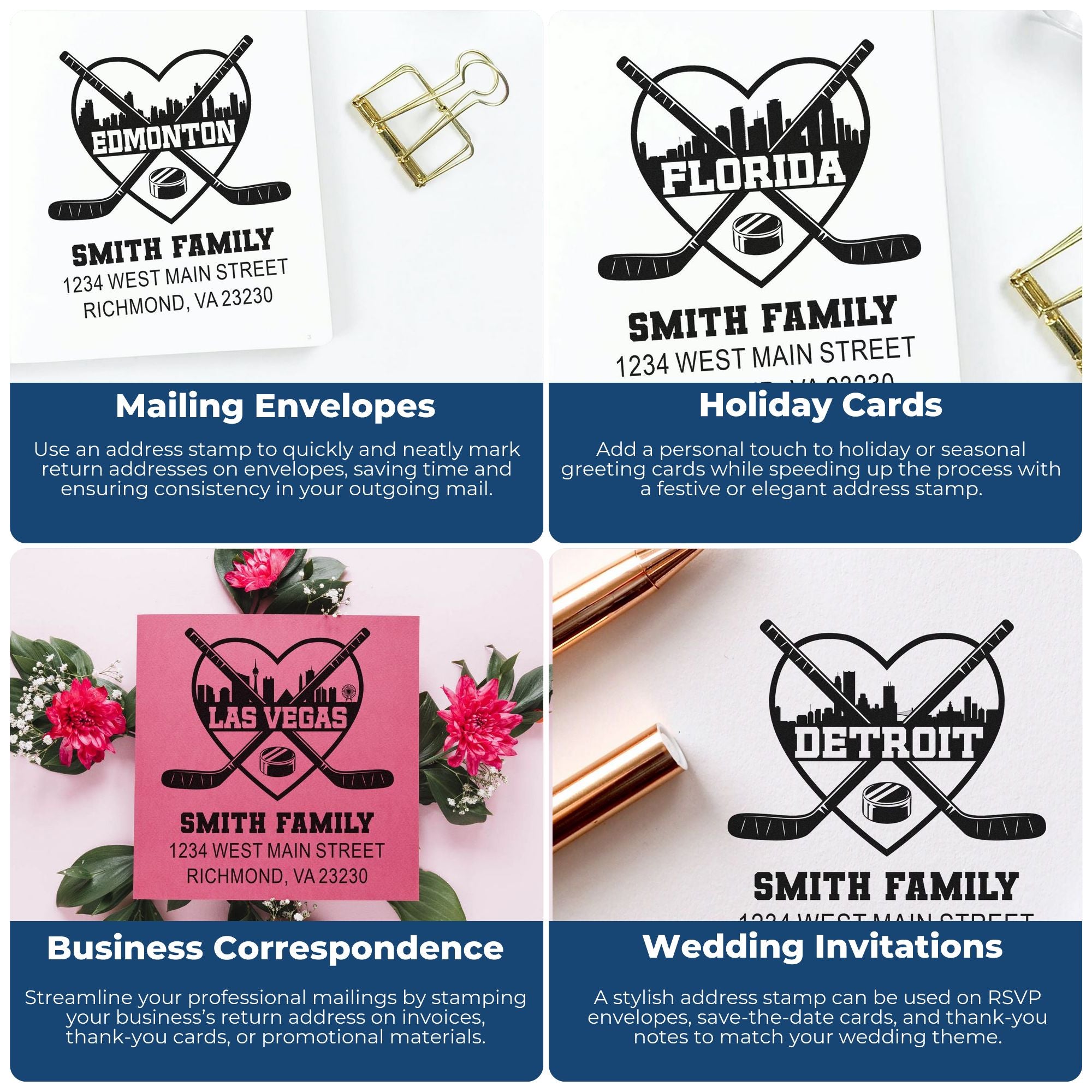 Custom rubber address stamps for envelopes, holiday cards, business mail, and wedding invitations with hockey-themed designs.