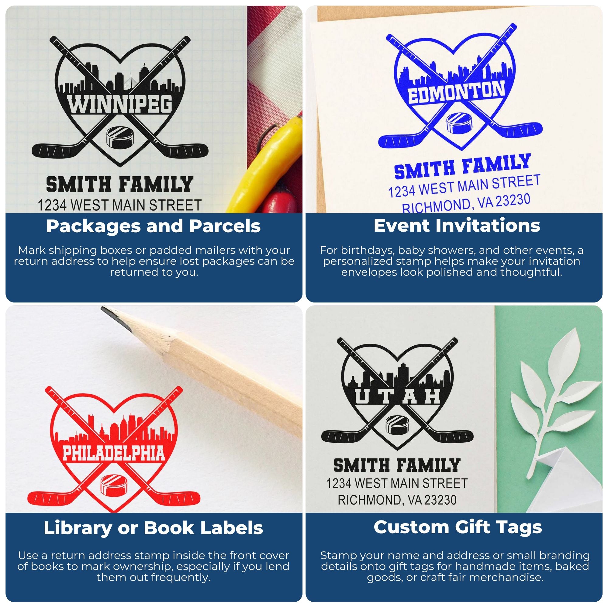 Custom rubber stamp ideas for return addresses, invitations, book labels, and gift tags with personalized name and address designs.