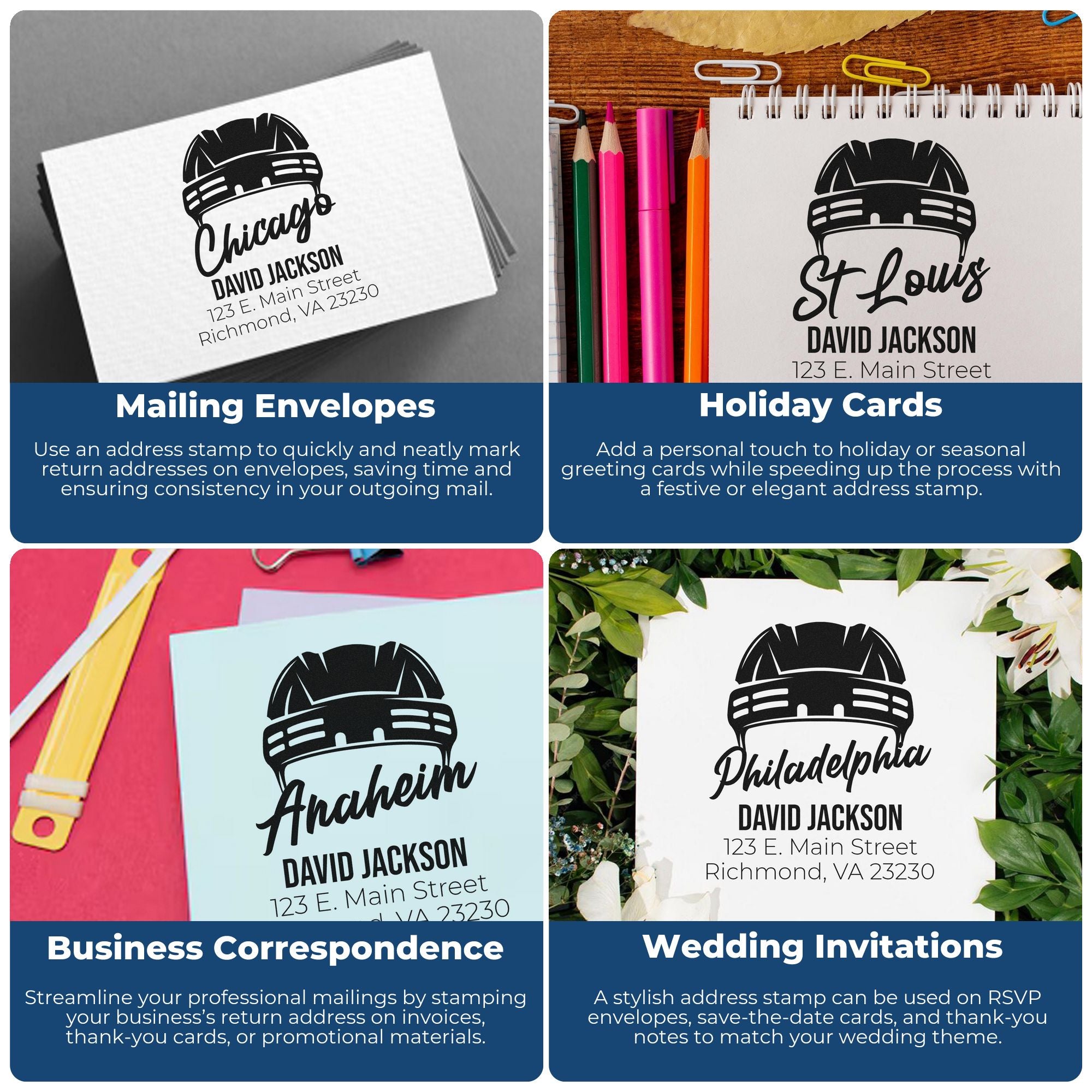 Custom rubber address stamp collage for mailing envelopes, holiday cards, business correspondence, and wedding invitations.