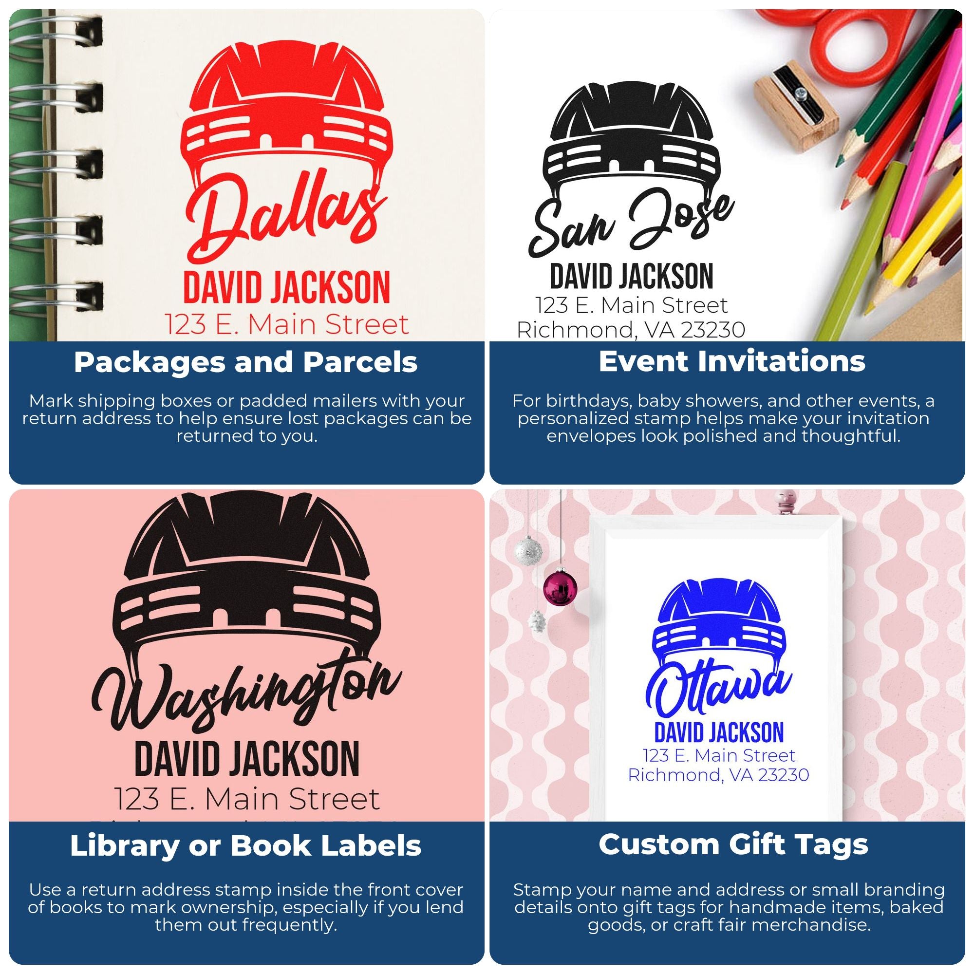 Custom rubber stamp examples for return address labels, invitations, book labels, and personalized gift tags.