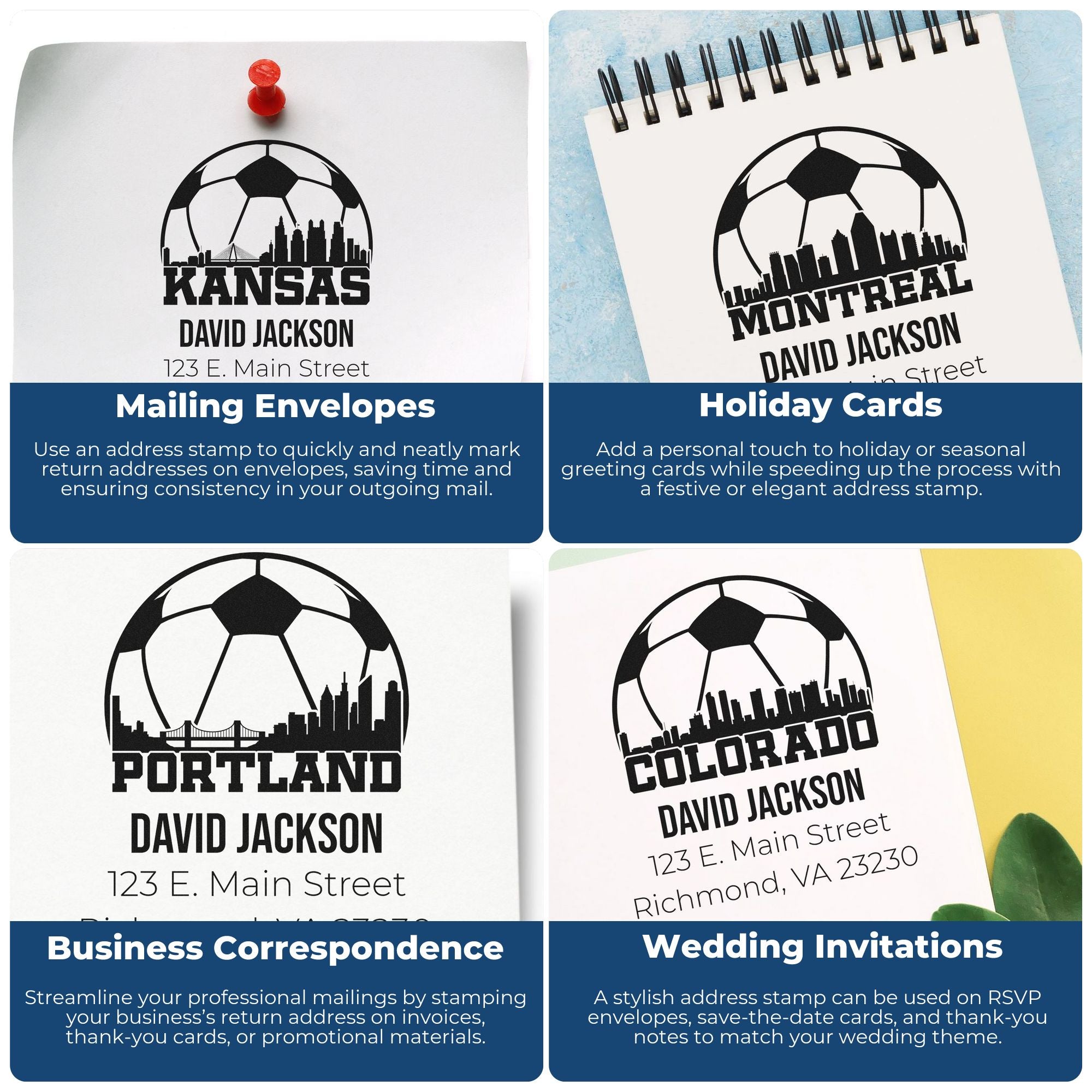 Personalized return address rubber stamp examples for envelopes, holiday cards, business mail, and wedding invitations.