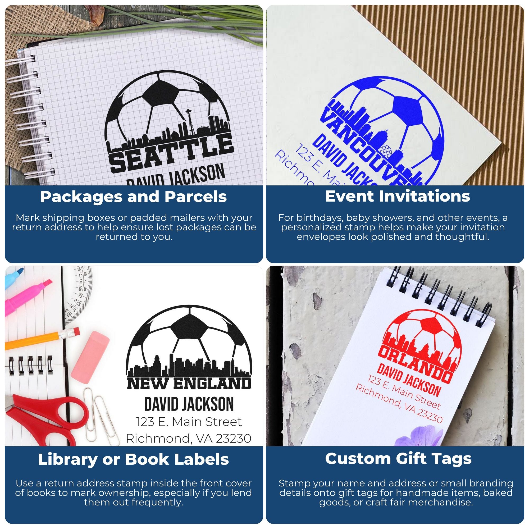 Custom rubber stamp ideas for packages, invitations, book labels, and gift tags with personalized name and address designs.