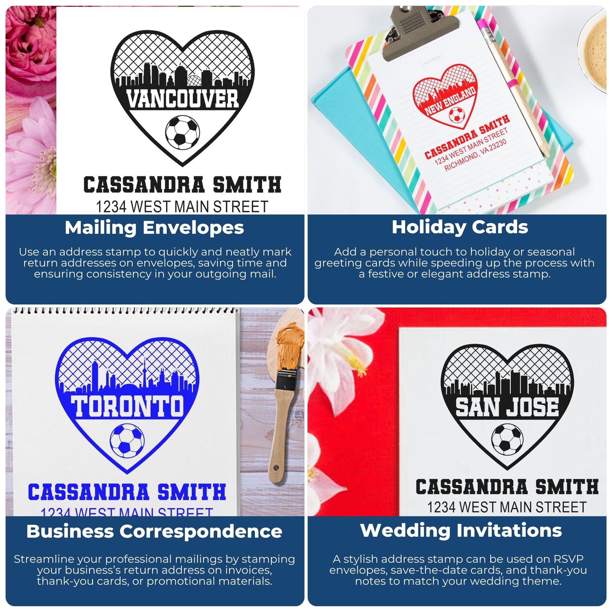 Custom rubber address stamps for envelopes, holiday cards, business mail, and wedding invitations with personalized return addresses.