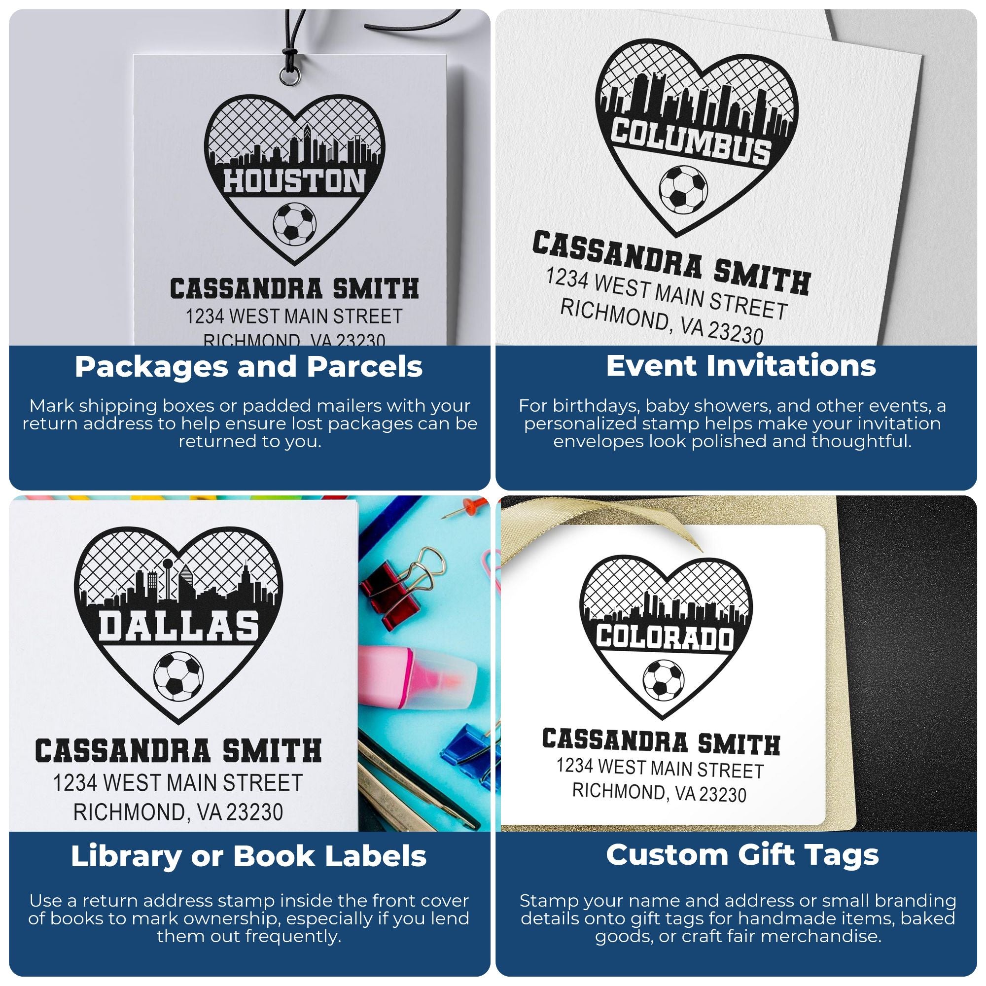 Custom rubber stamp examples for return addresses, event invitations, book labels, and gift tags with heart skyline design.