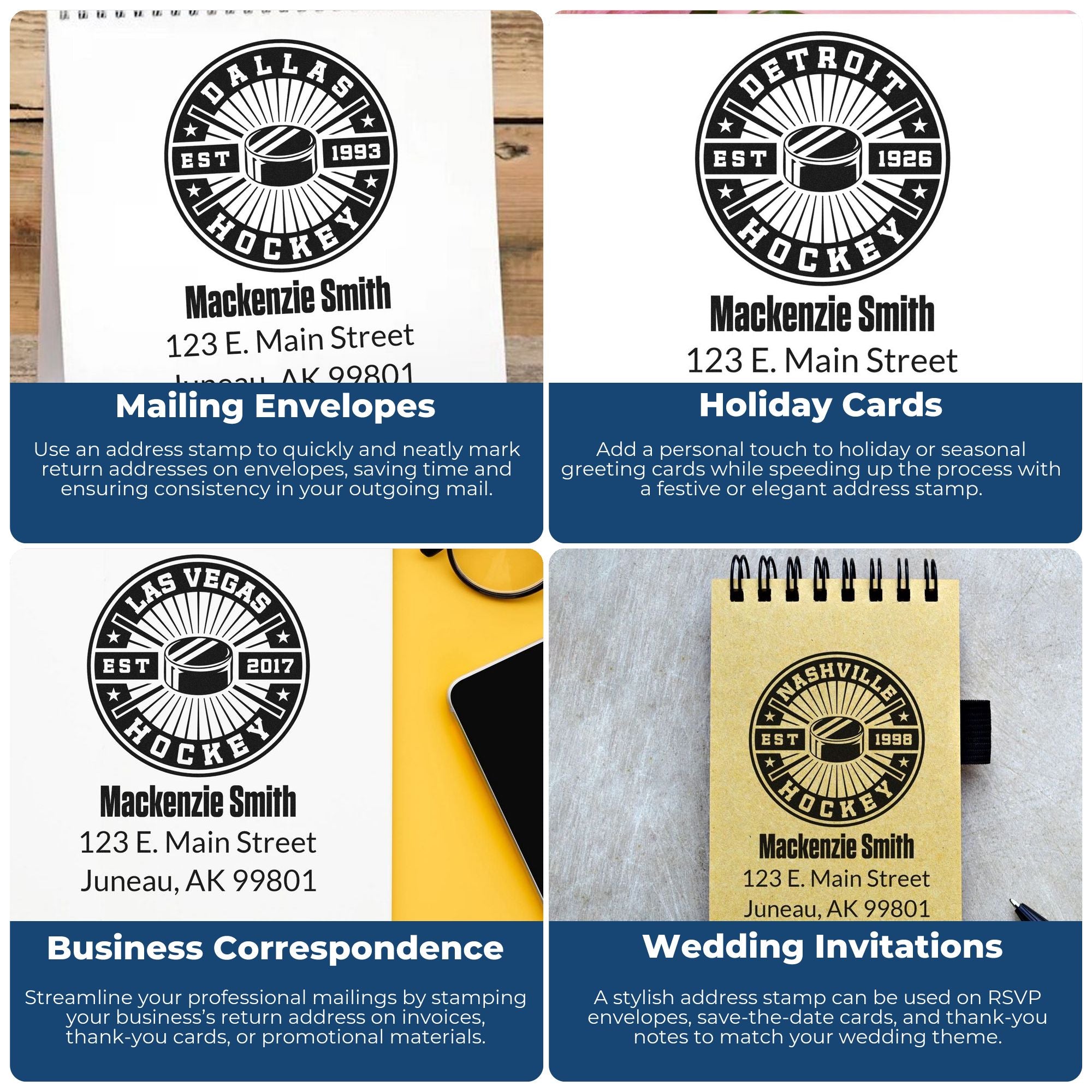 Custom hockey rubber address stamp examples for envelopes, holiday cards, business mail, and wedding invitations.