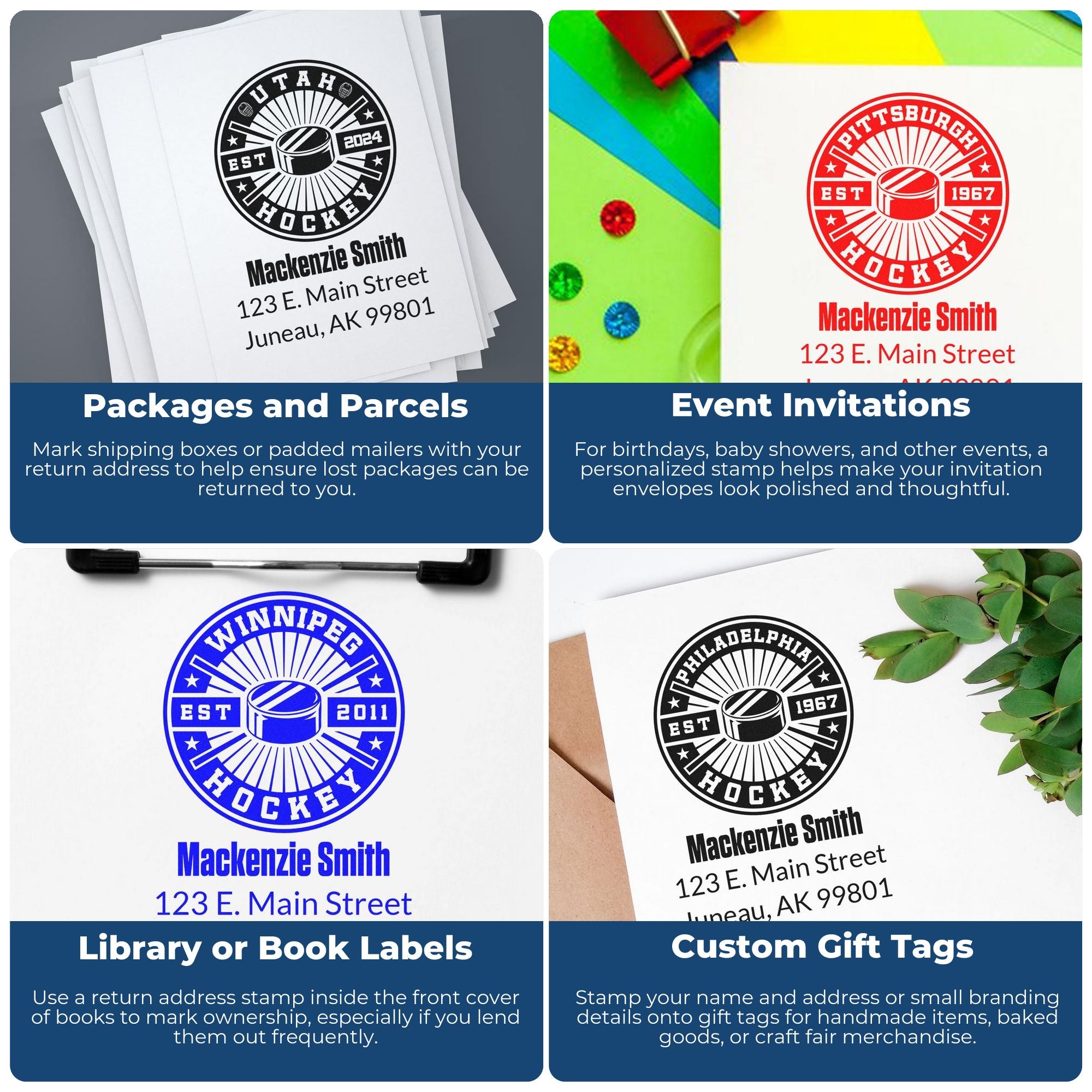 Custom hockey return address rubber stamps for packages, event invitations, book labels, and gift tags.