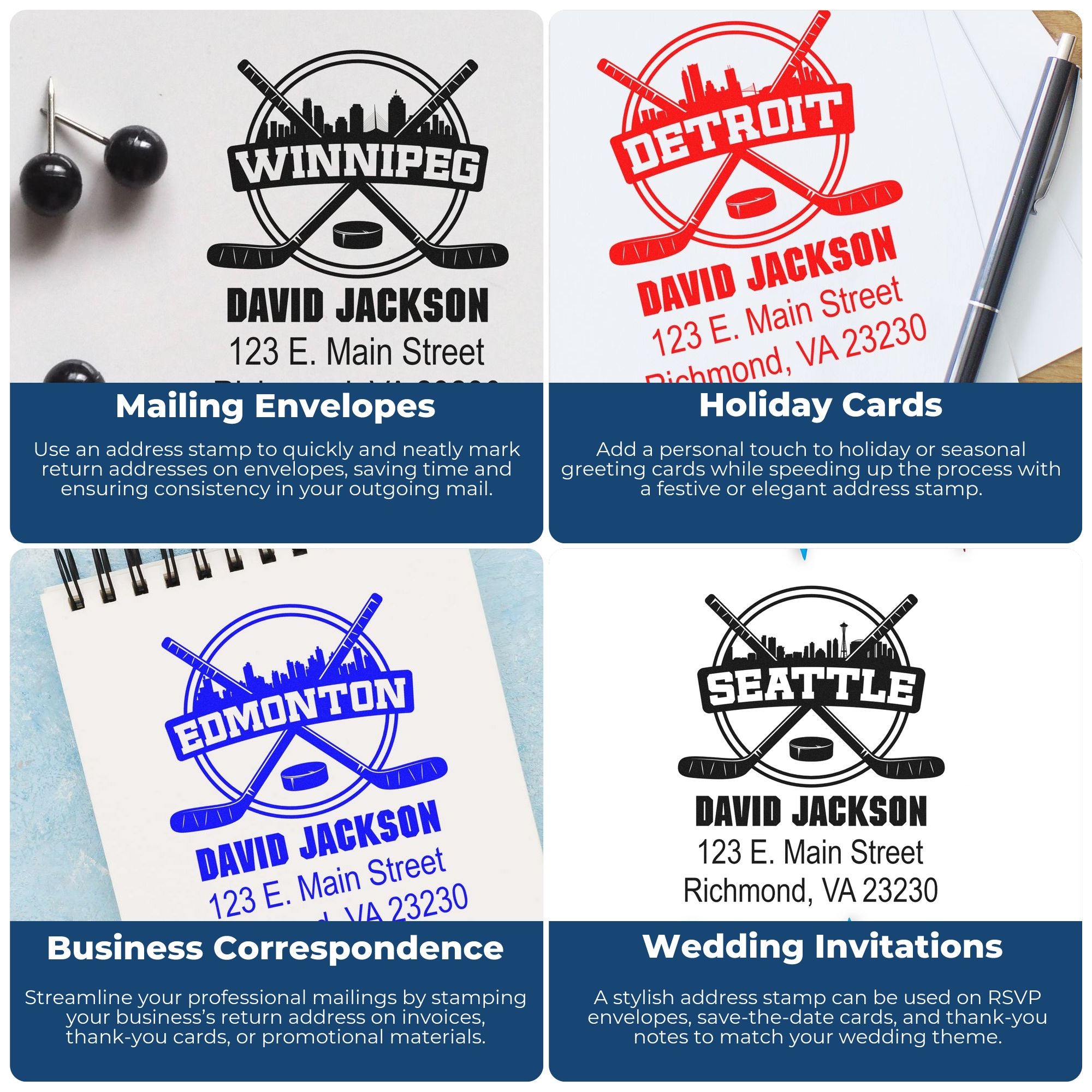 Custom hockey address rubber stamps for mailing envelopes, holiday cards, business mail, and wedding invitations.
