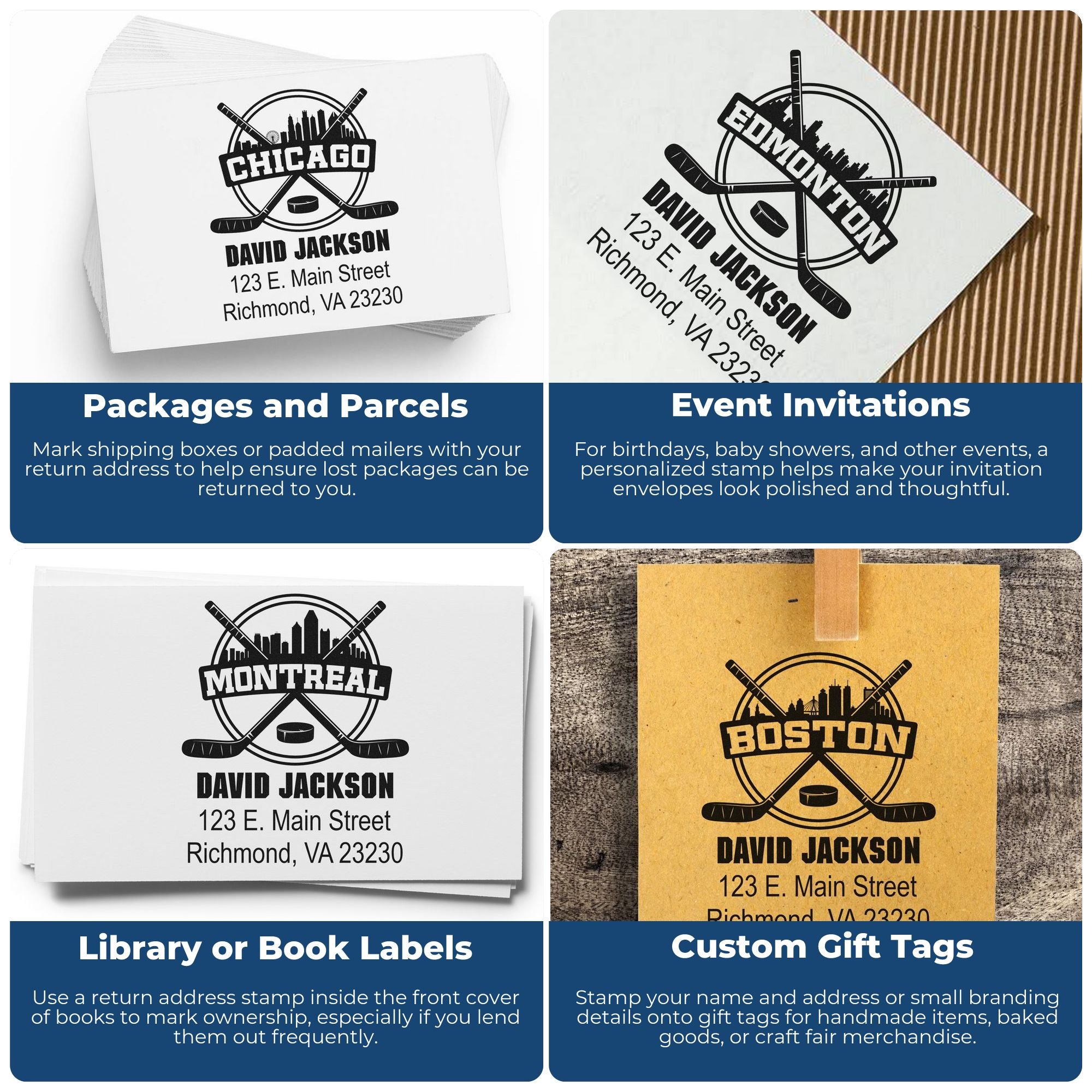 Custom hockey-themed rubber address stamp used on packages, invitations, book labels, and gift tags.