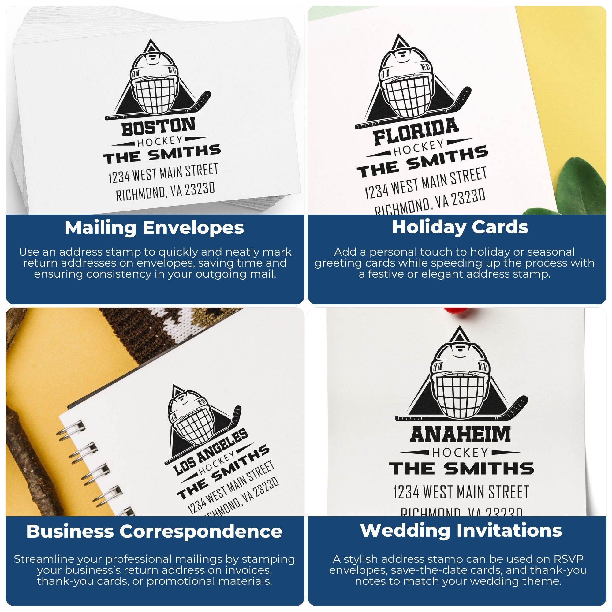 Custom hockey return address rubber stamp examples for mailing envelopes, holiday cards, business mail, and wedding invitations.