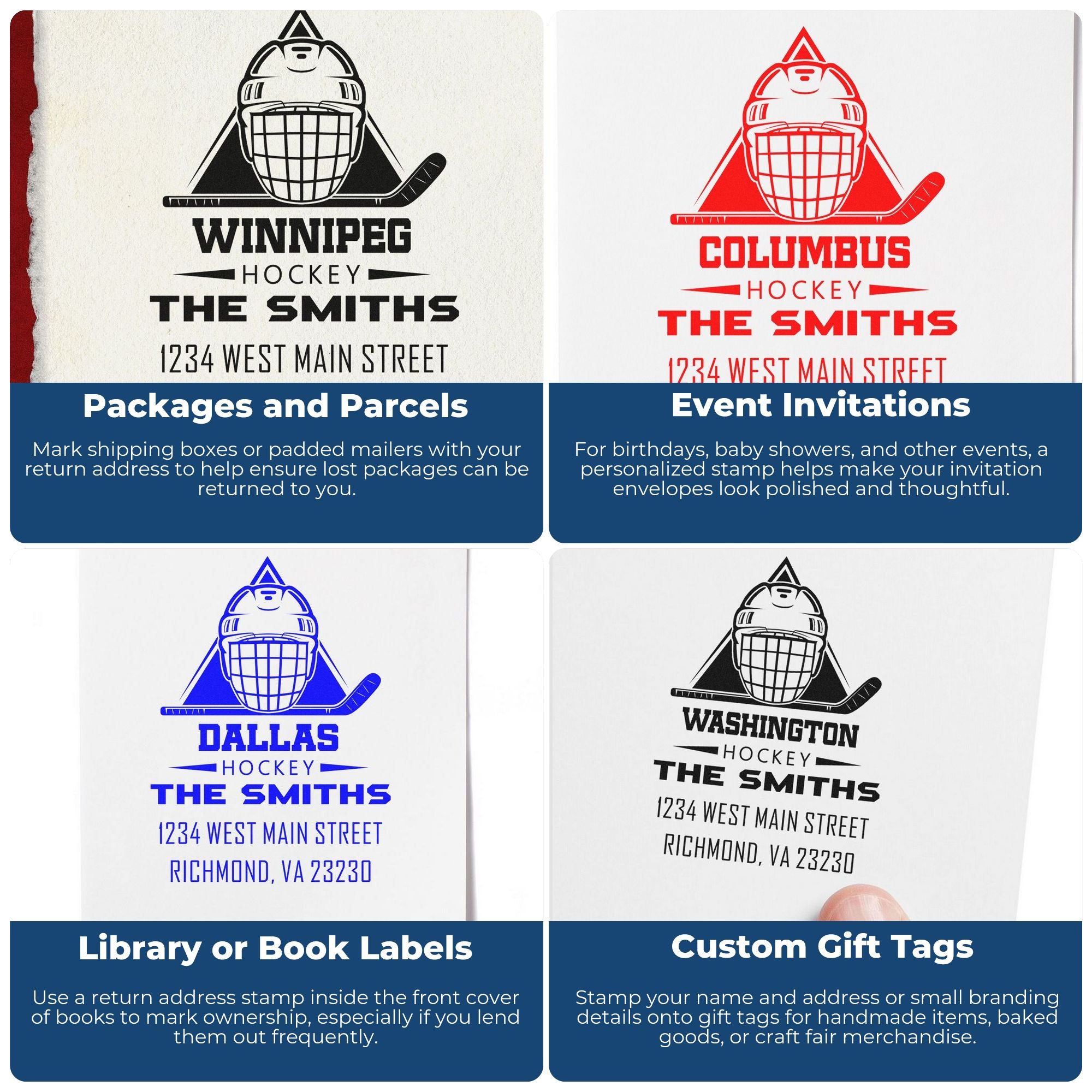 Personalized hockey return address rubber stamp examples for packages, invitations, book labels, and custom gift tags.