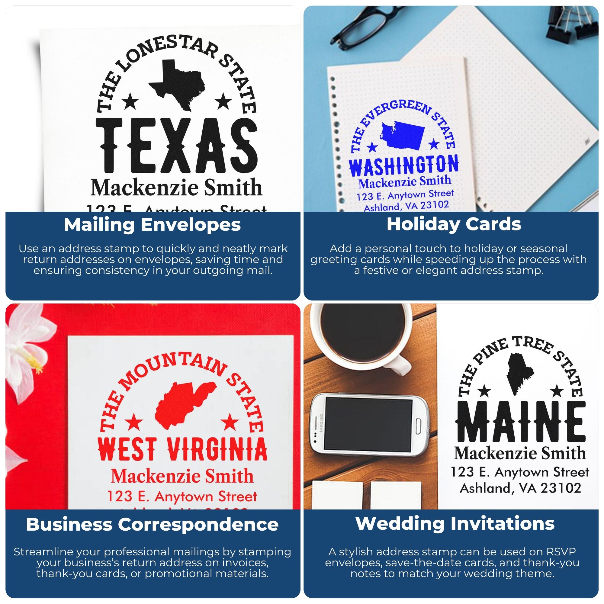 Custom rubber address stamps for envelopes, holiday cards, business correspondence, and wedding invitations.