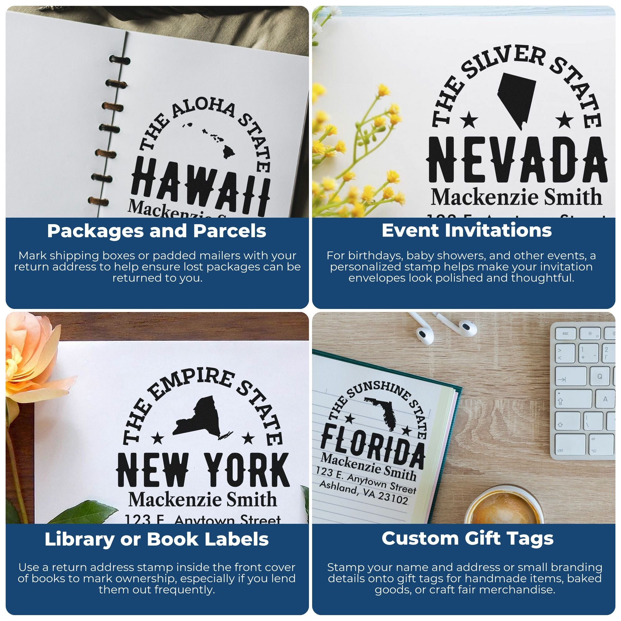 Custom rubber stamps for return addresses, event invitations, book labels, and gift tagsideal for personalized packaging and branding.