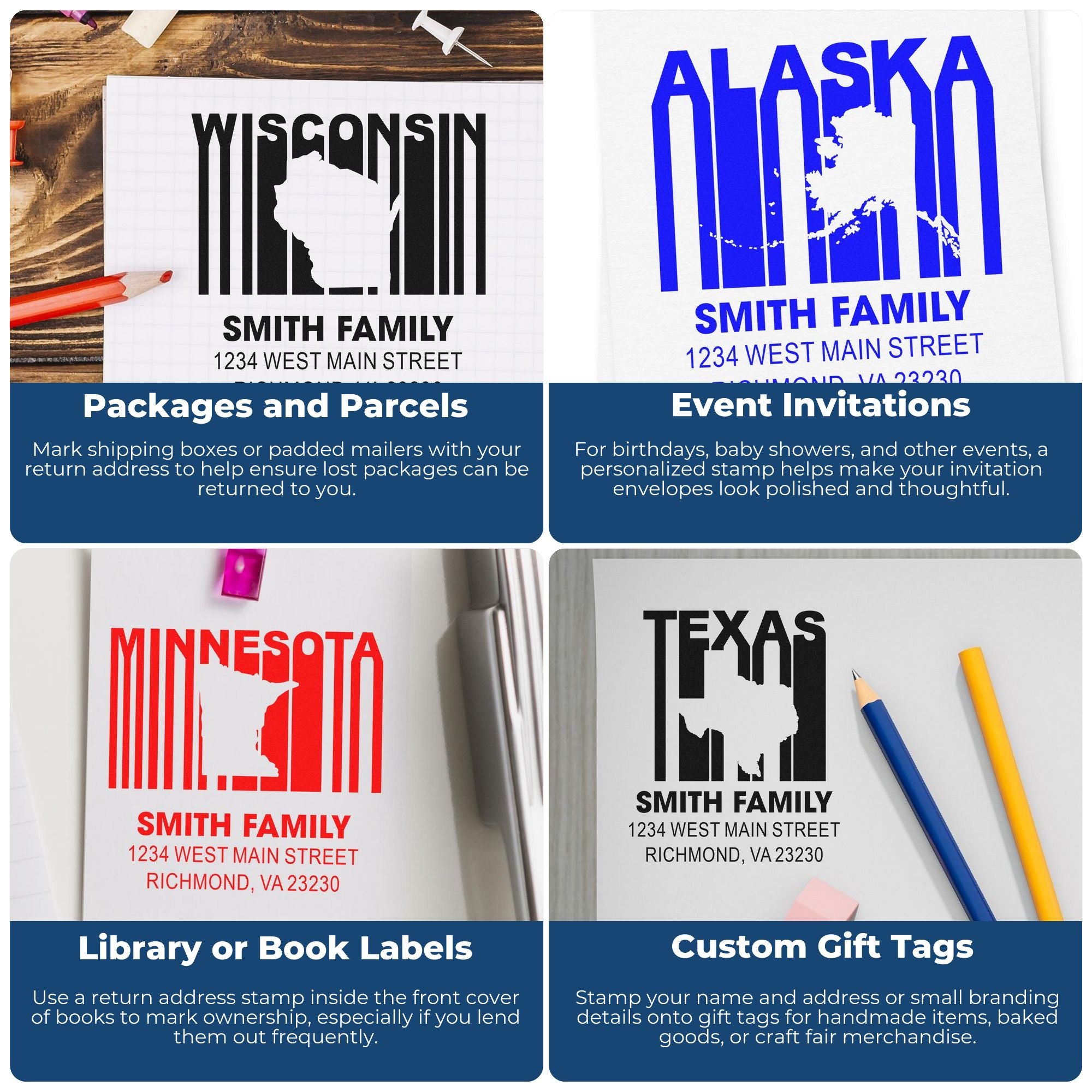 Custom state-shaped address rubber stamps for packages, invitations, book labels and gift tags with personalized family name.