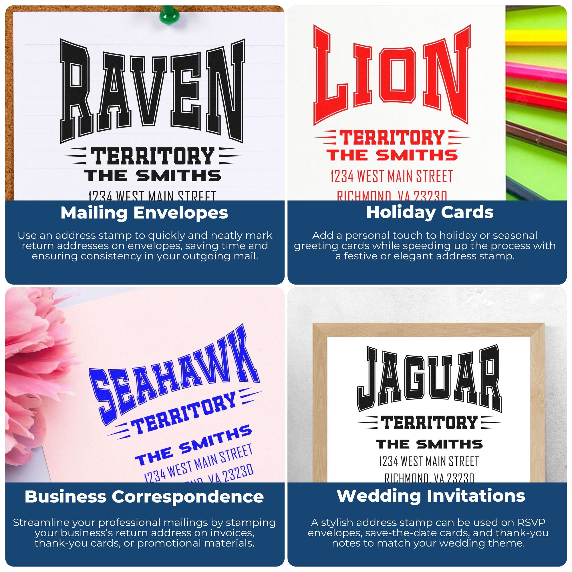 Custom rubber return address stamp examples for envelopes, holiday cards, business mail, and wedding invitations.