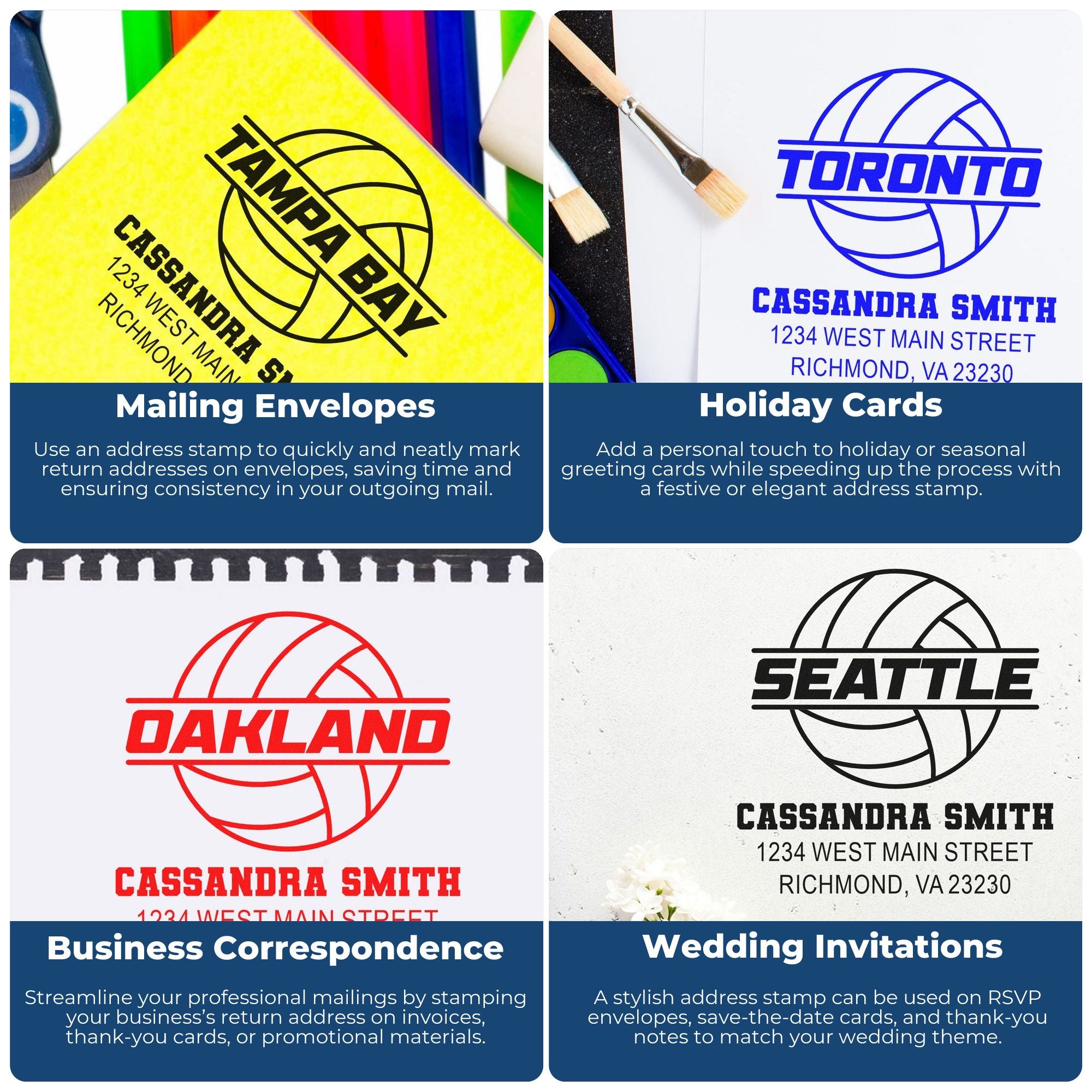Custom rubber address stamp examples for envelopes, holiday cards, business mail, and wedding invitations.