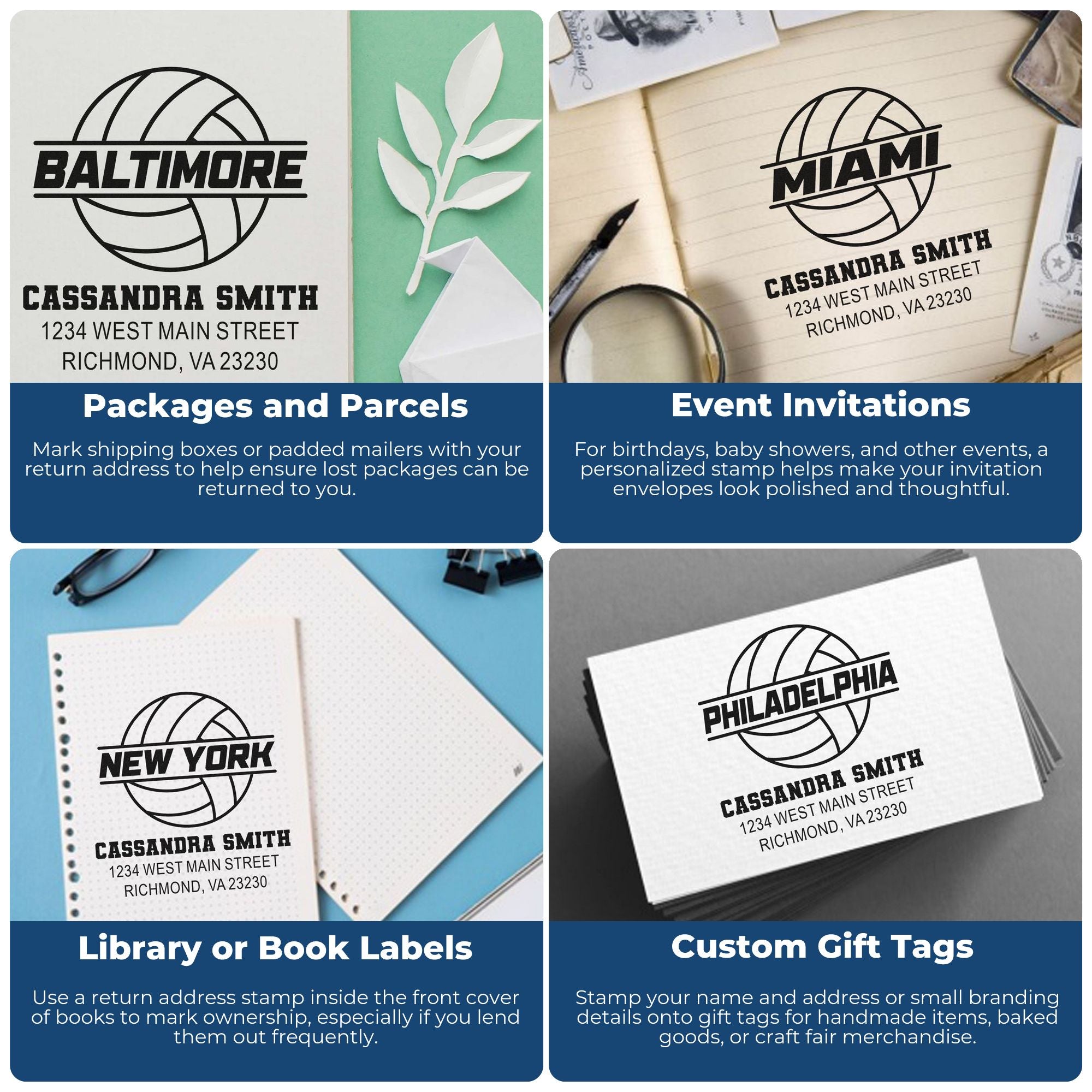 Custom rubber stamp ideas for return addresses, event invitations, book labels, and gift tags on packages and stationery.