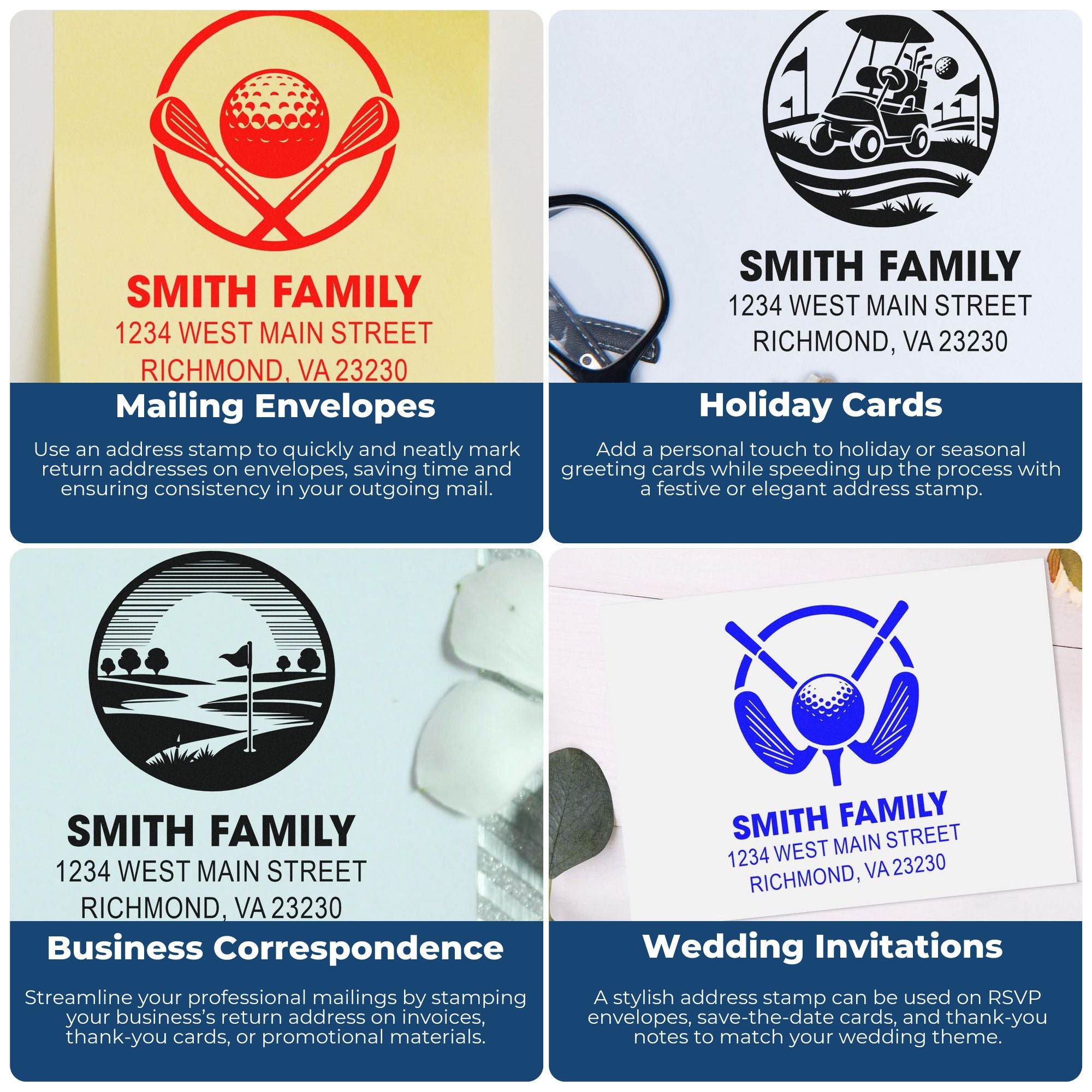 Custom address rubber stamps for envelopes, holiday cards, business correspondence, and wedding invitations.