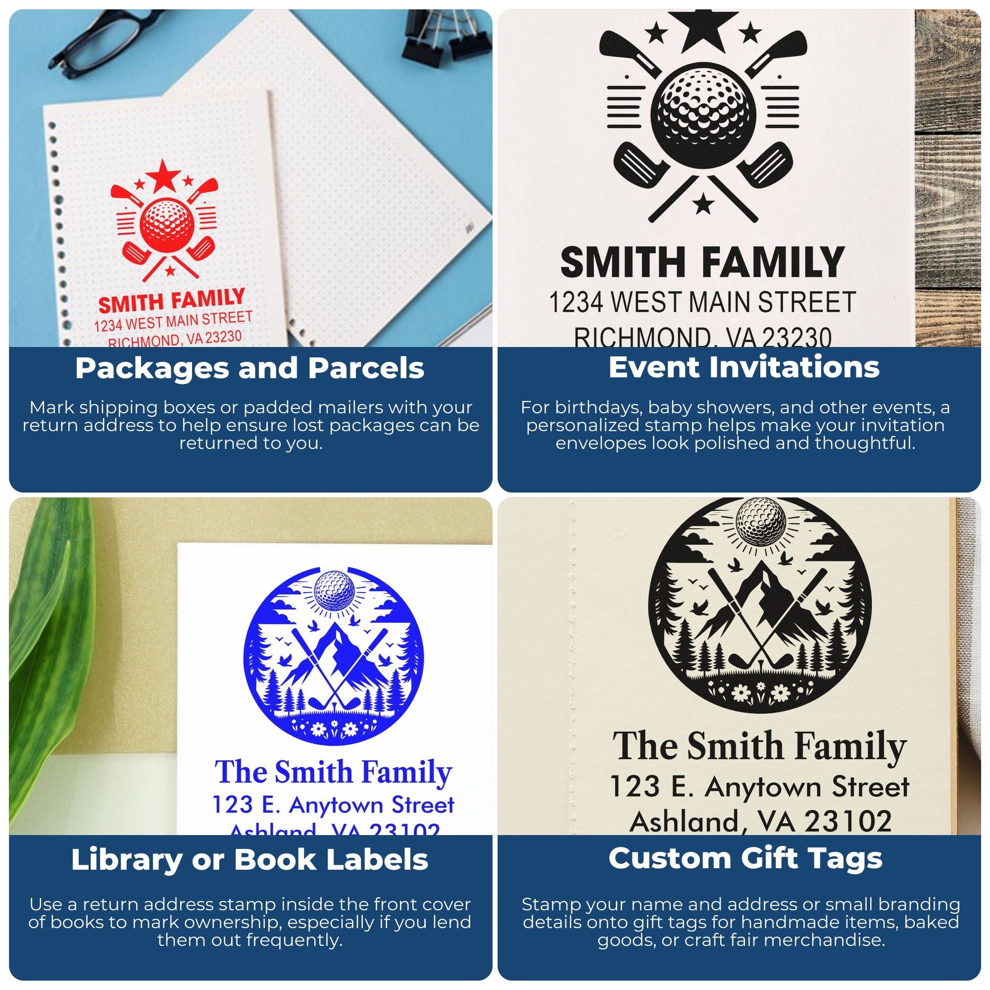 Custom rubber stamp examples for return addresses on packages, invitations, book labels, and gift tags.