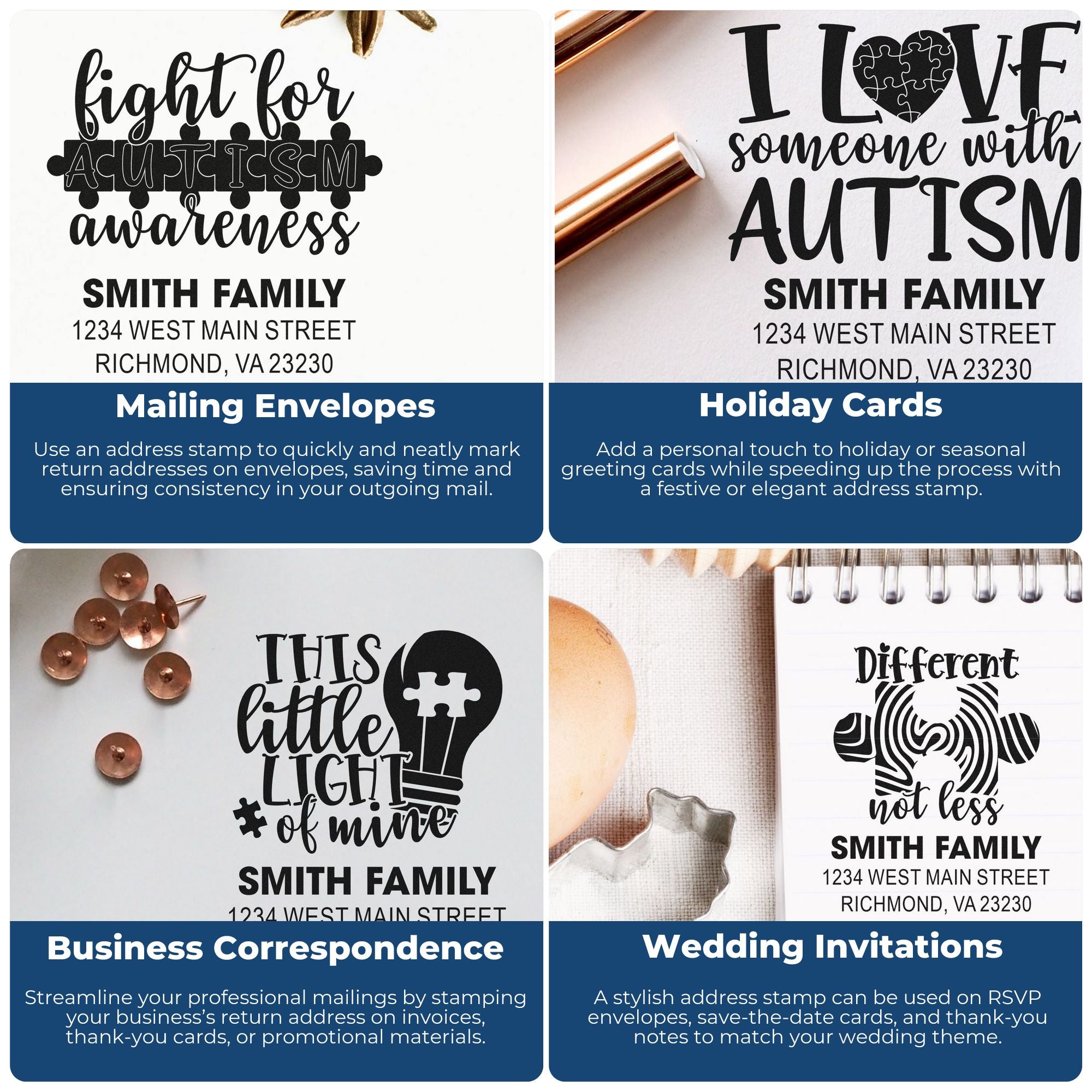 Custom rubber address stamps shown for mailing envelopes, holiday cards, business correspondence, and wedding invitations.