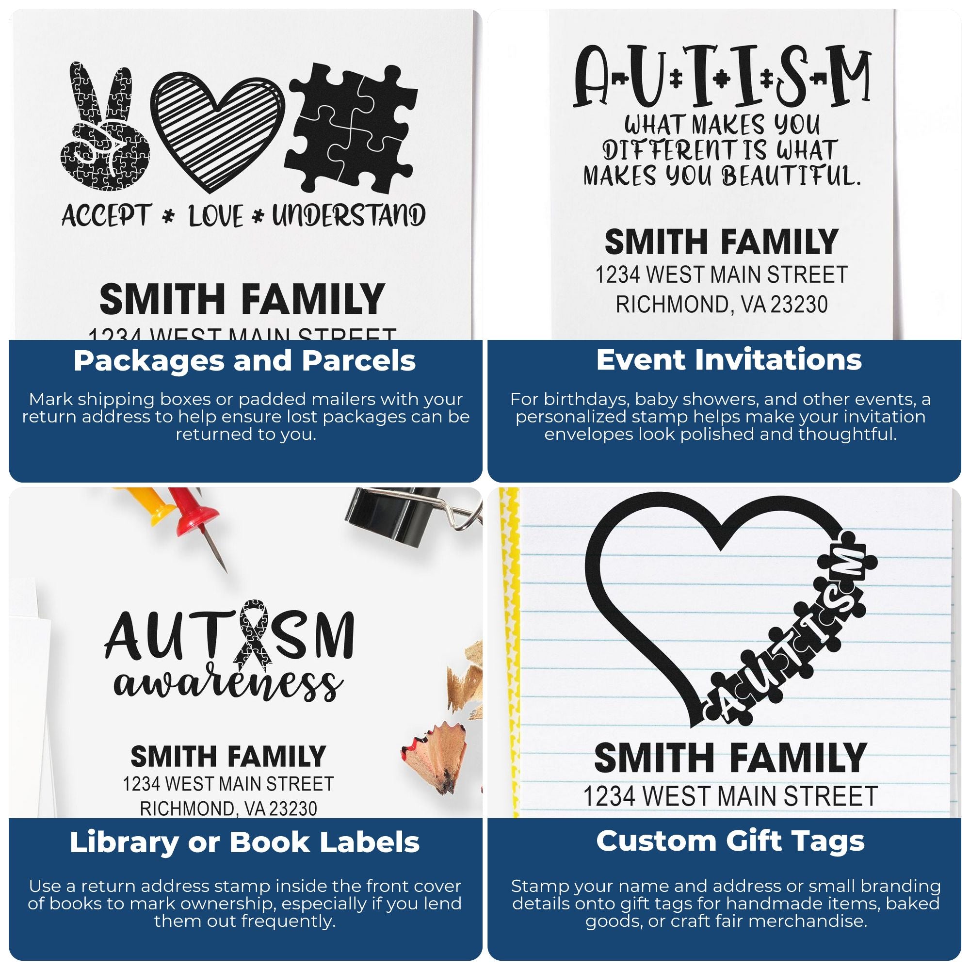 Personalized rubber stamp design examples for packages, invitations, book labels, autism awareness, and custom gift tags