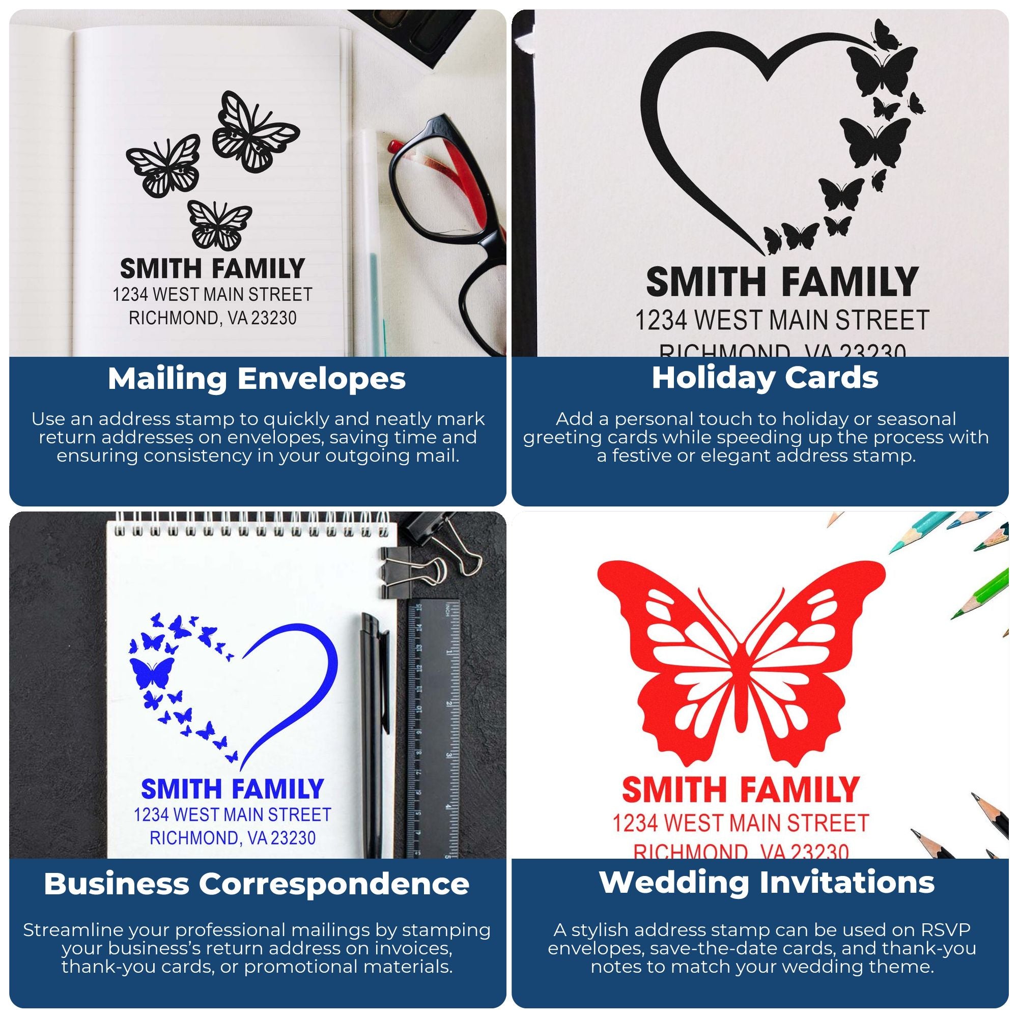Custom rubber address stamps for envelopes, holiday cards, business mail, and wedding invitations
