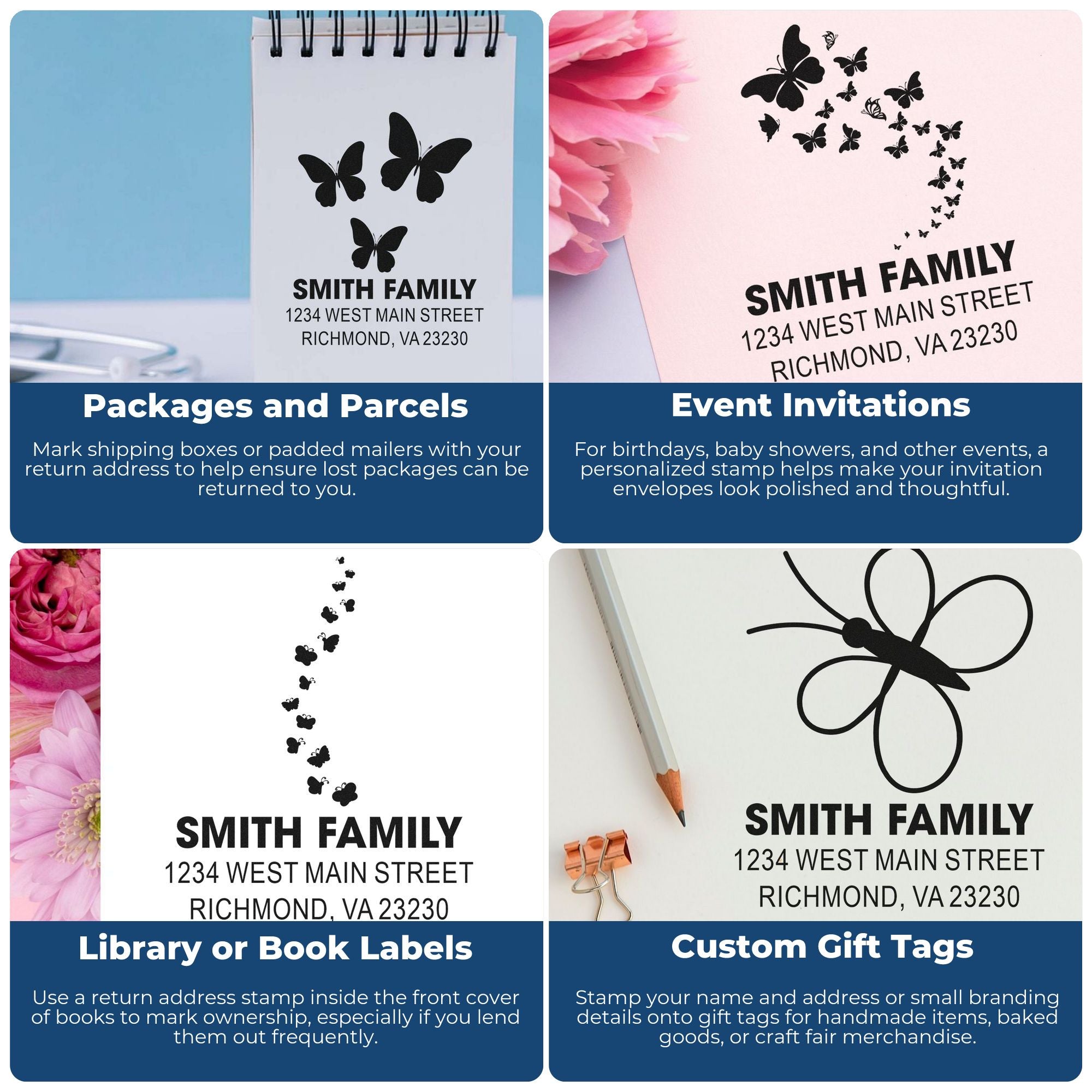 Custom rubber stamp ideas for return address, package labeling, event invitations, book labels, and handmade gift tags.