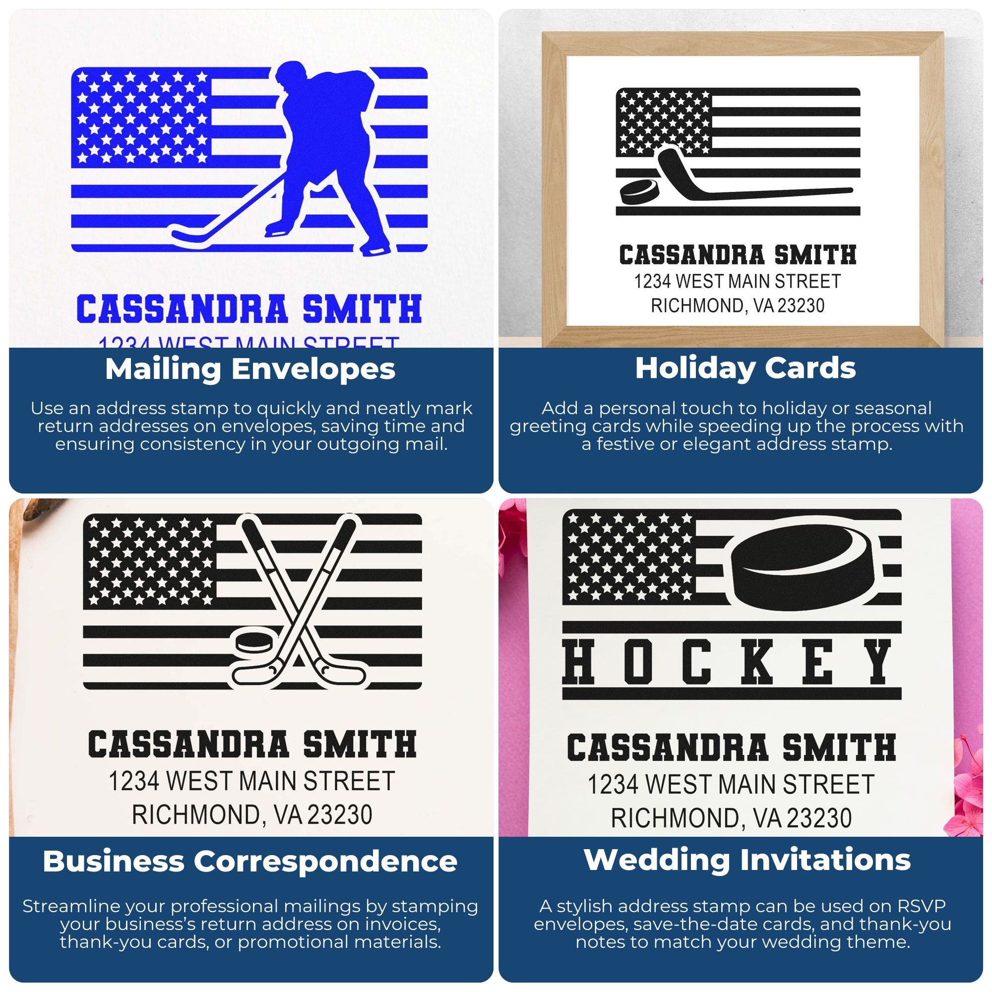 Custom hockey return address rubber stamp examples for envelopes, holiday cards, business mail, and wedding invitations.