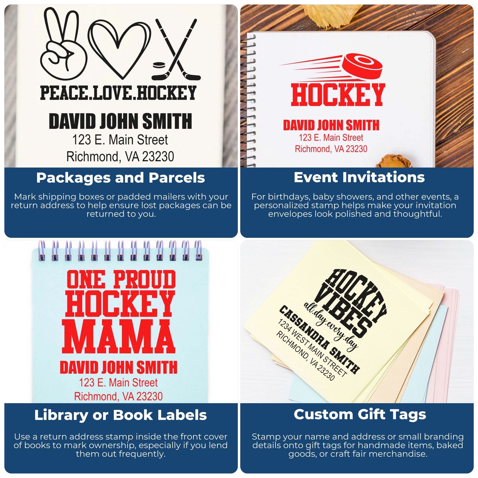 Custom rubber stamp examples for return address labels, event invitations, book labels, and gift tags with personalized hockey designs.